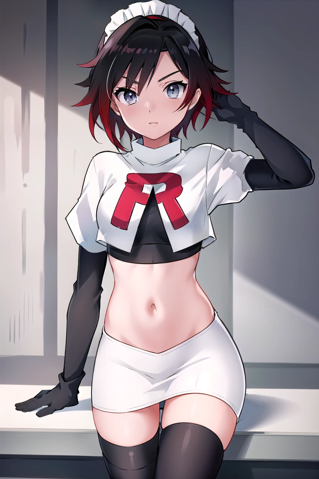 masterpiece, best quality, detailed, HD, ruby rose, 1girl, grey eyes, red hair, multicolored hair, maid headdress, team rocket,team rocket uniform,white skirt,red letter R,crop top,black thigh-highs,black elbow gloves