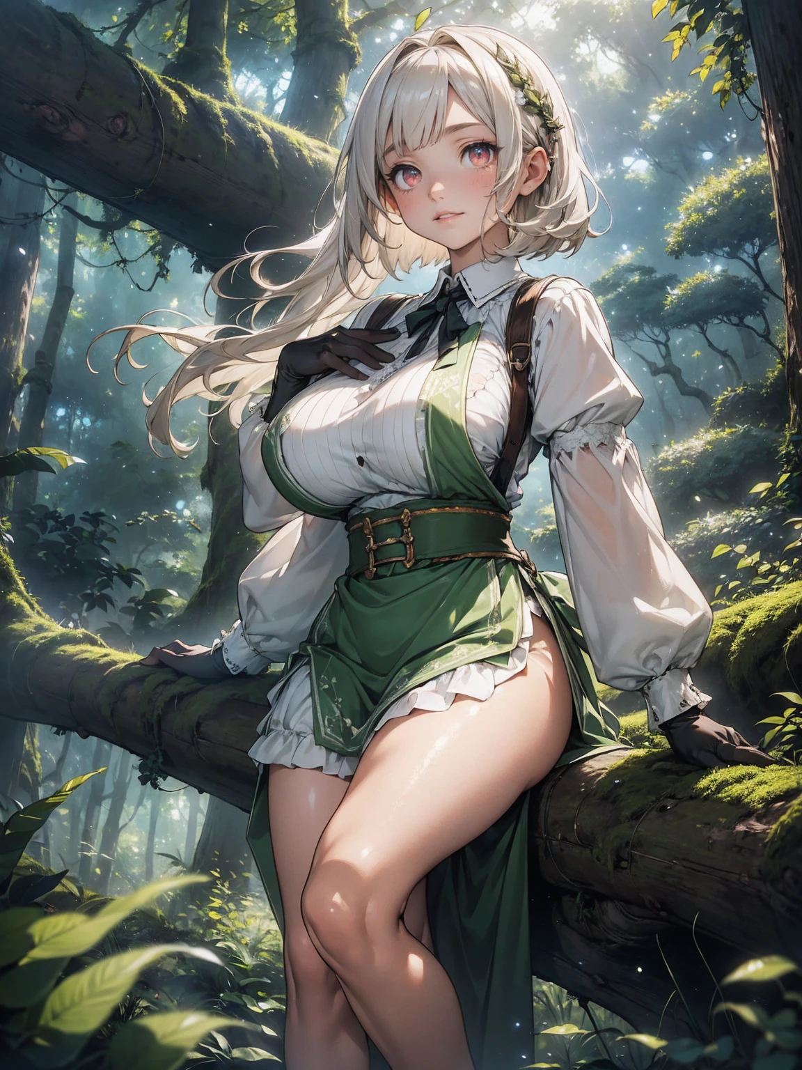 1girl, solo, long hair, white hair, twintail, bun, red eyes, large breasts, cleavage, green top, opened green jacket, brown boots, grin, looking at the viewer, full body, mini skirt, water plants