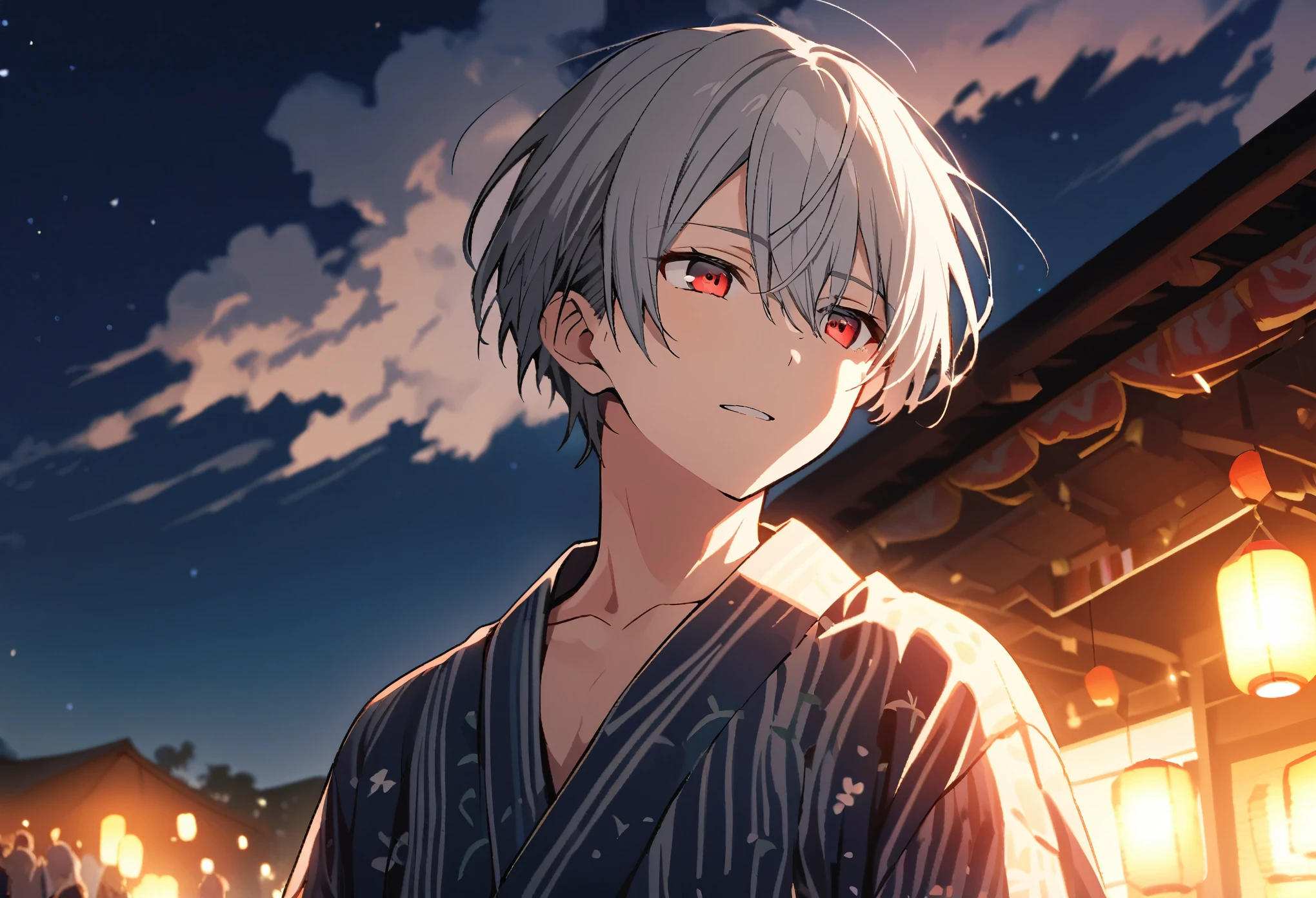 good looking, Alone, 1 male, Gray Hair, Red eyes, 日本のyukata, night, White Light,cute目,Short hairstyle,cute,Falling from the sky,綺麗なsummerの空,Lots of white clouds,summer,A sparkling view,bright,Blue Sky,Looking at the camera,yukata,Festivals,日本のFestivals,Confession scene