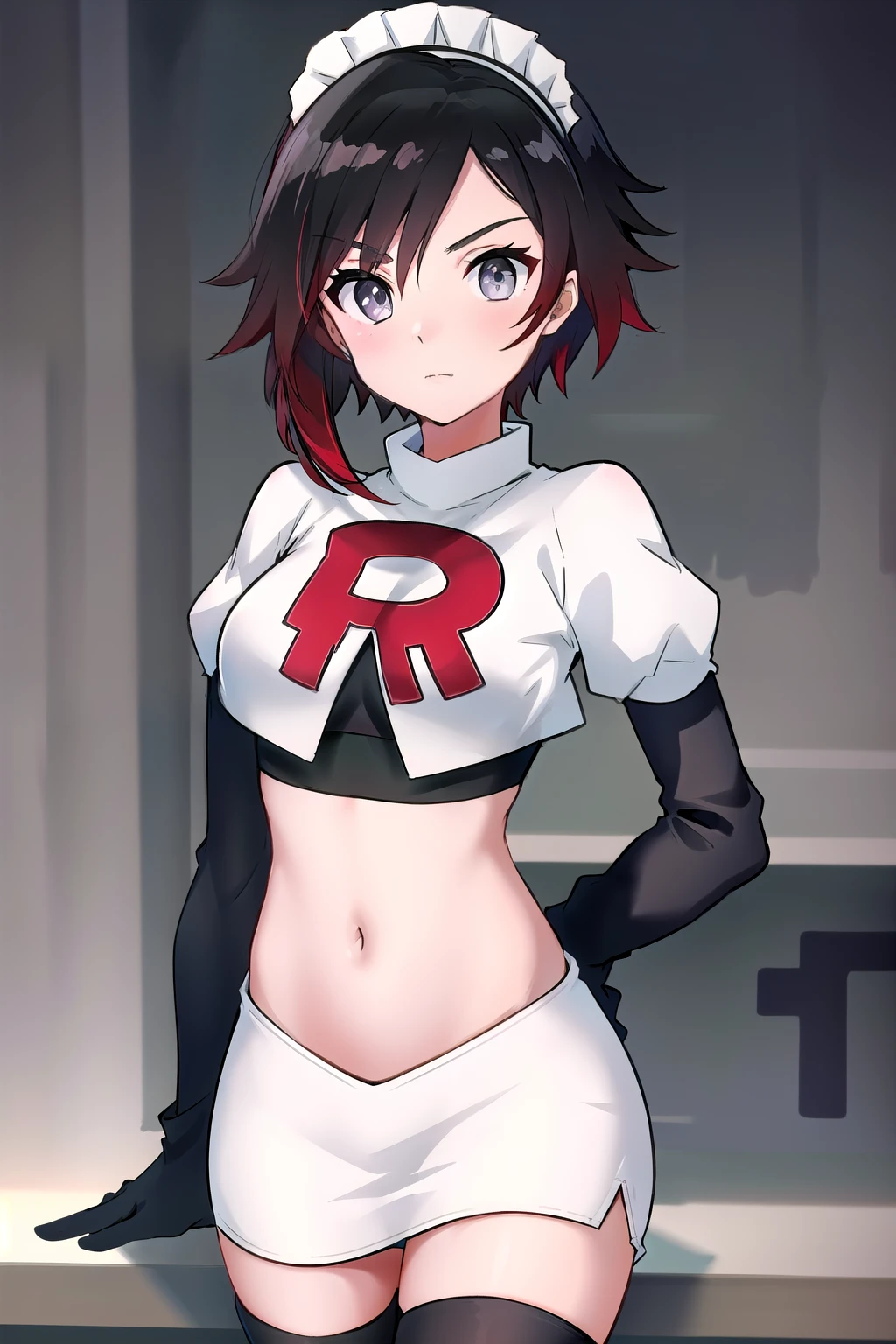 masterpiece, best quality, detailed, HD, ruby rose, 1girl, grey eyes, red hair, multicolored hair, maid headdress, team rocket,team rocket uniform,white skirt,red letter R,crop top,black thigh-highs,black elbow gloves