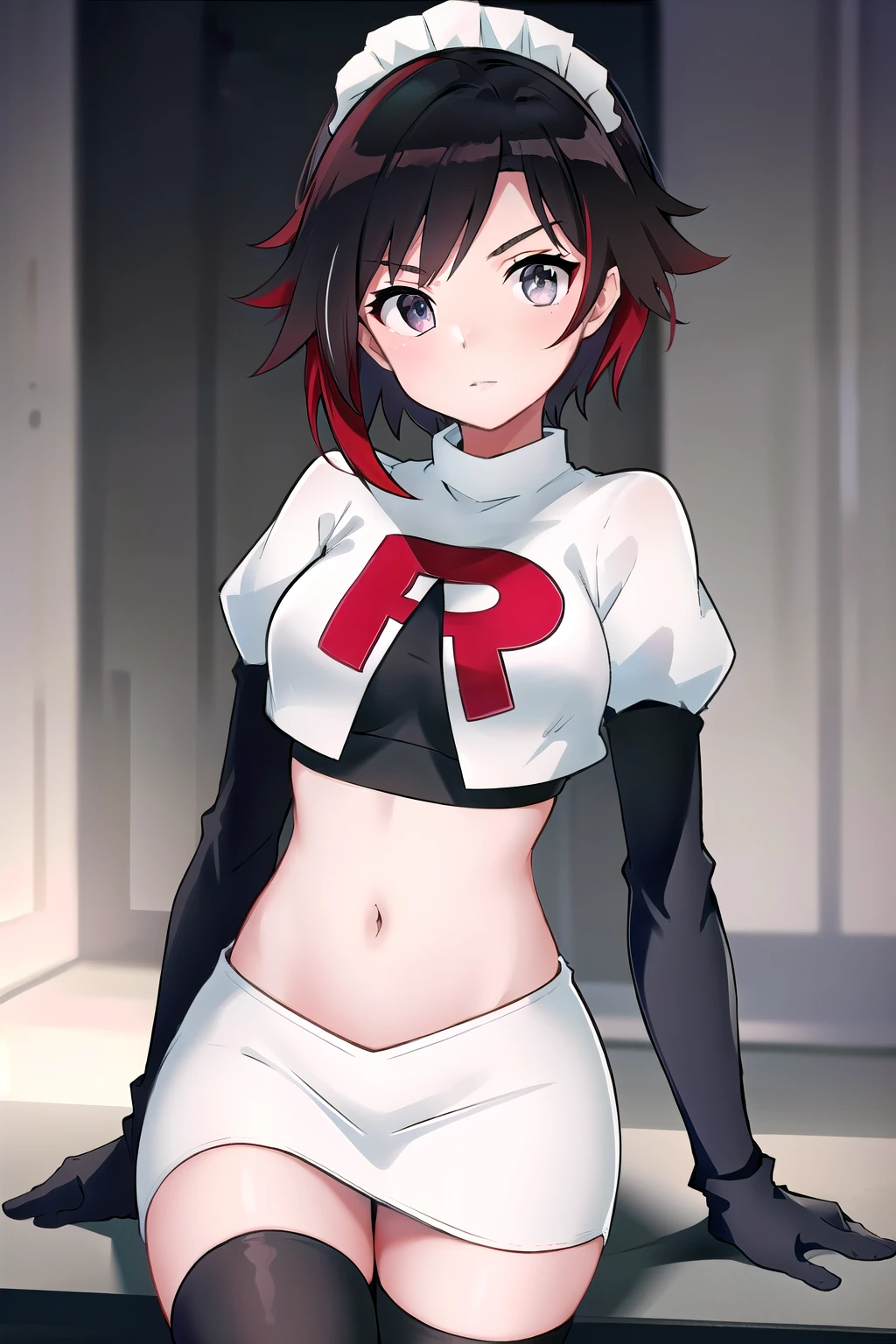 masterpiece, best quality, detailed, HD, ruby rose, 1girl, grey eyes, red hair, multicolored hair, maid headdress, team rocket,team rocket uniform,white skirt,red letter R,crop top,black thigh-highs,black elbow gloves