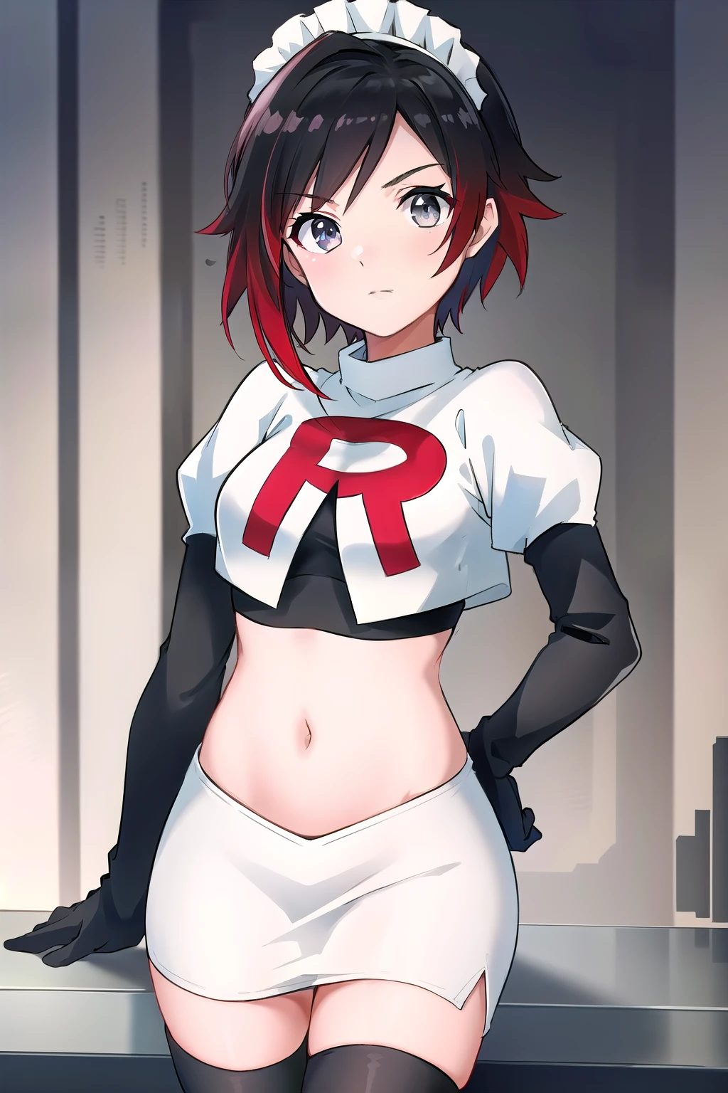 masterpiece, best quality, detailed, HD, ruby rose, 1girl, grey eyes, red hair, multicolored hair, maid headdress, team rocket,team rocket uniform,white skirt,red letter R,crop top,black thigh-highs,black elbow gloves