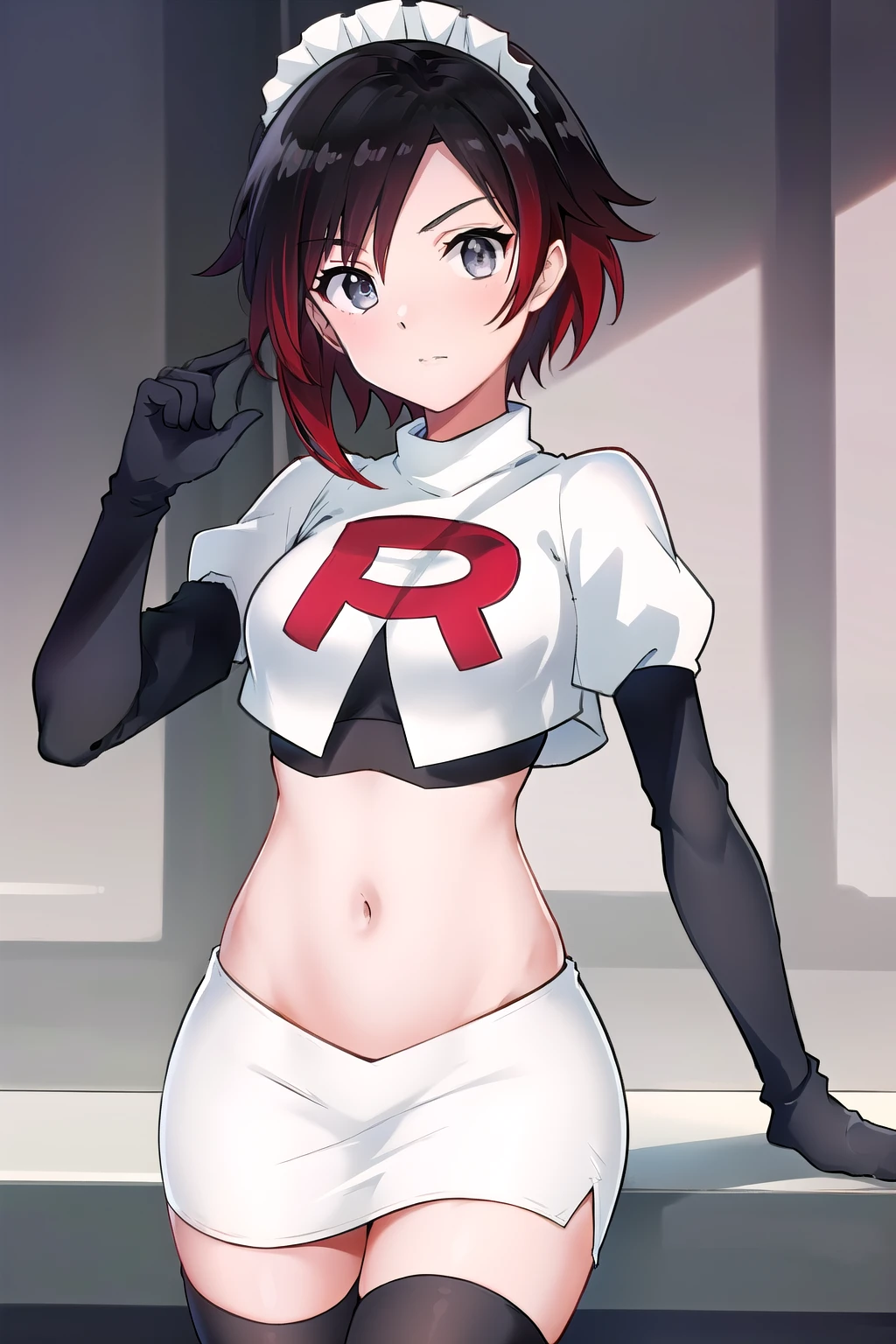masterpiece, best quality, detailed, HD, ruby rose, 1girl, grey eyes, red hair, multicolored hair, maid headdress, team rocket,team rocket uniform,white skirt,red letter R,crop top,black thigh-highs,black elbow gloves