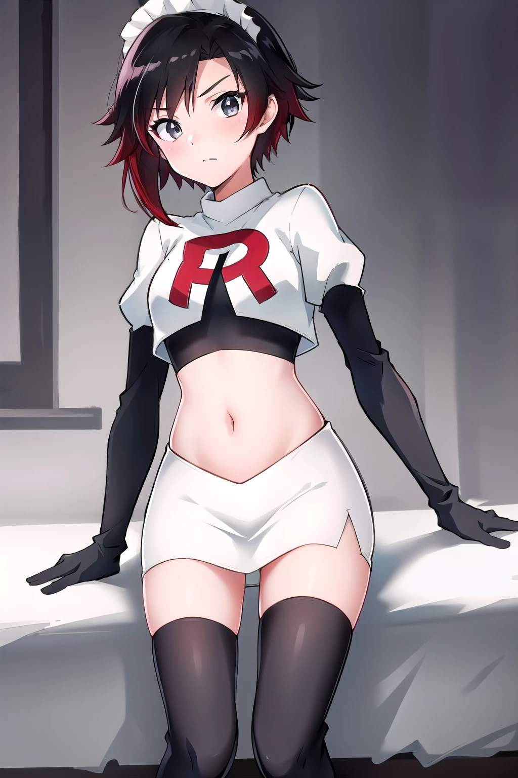 masterpiece, best quality, detailed, HD, ruby rose, 1girl, grey eyes, red hair, multicolored hair, maid headdress, team rocket,team rocket uniform,white skirt,red letter R,crop top,black thigh-highs,black elbow gloves