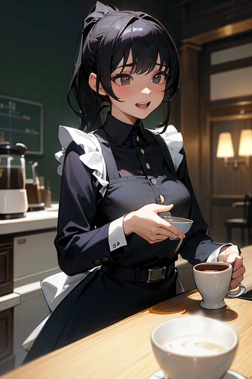 (Highest Resolution, clear_image) Highest quality, One woman, alone, masterpiece, Very detailed, Semi-realistic, Black Hairのショートヘア, Black Hair, bangs, 18-year-old, mature, light blue uniform, uniform, Indoor Background, kind, Authoritative, Powerful, exquisite features, exquisite features、Eyelashes become longer、Showing teeth、smile😀、Maid clothes、woman&#39;Fingers in the、Sleeping on the sofa、Long Hair、Fluttering in the wind、Navy blue clothes、Long Hair、I&#39;Carrying the plate、Long Hair、Laugh gently、Braiding、