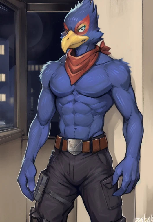 (by zackary911, anime, soft hatching) anthropomorphic, solo, human anatomy, skinny muscles, lean, fit body, naked, nude, abs, biceps, ad\ult, tall, mature, anthro, lean, anime, pecs, (falco (STARFOX), falco, bird, blue feathers, blue body, beak), (black tactical pants, red bandana, belt around waist)