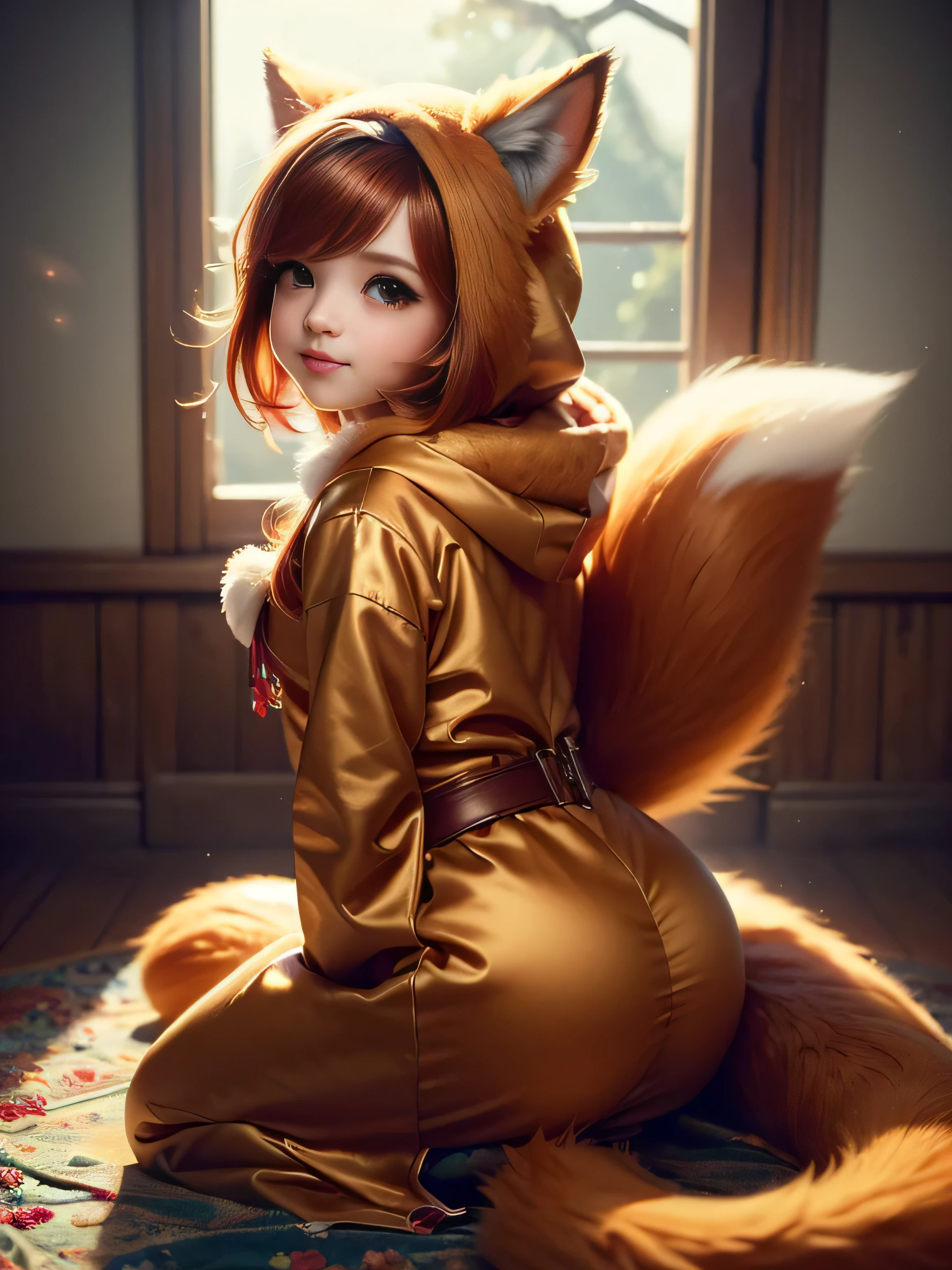 (Best Quality, Super Detailed, masterpiece, representative work, official art, professional, super high detail, 8k:1.3) Cute girl face, ginger hair, ((brown)) eyes, 1 girl, fox costume, hood, fox tail, furry, kneeling, girl dressed as furry, Vivid colors, Red hair, Innocent expressions, Playful features, Natural lighting, Soft background, Photorealistic, Shining eyes, Sharp focus, Glowing skin, Sweet and mischievous look, Hint of mischief, Dreamy atmosphere, Delicate details, soft volumetric light, (backlight:1.3), (cinematic:1.2), intricate details, (ArtStation:1.3)