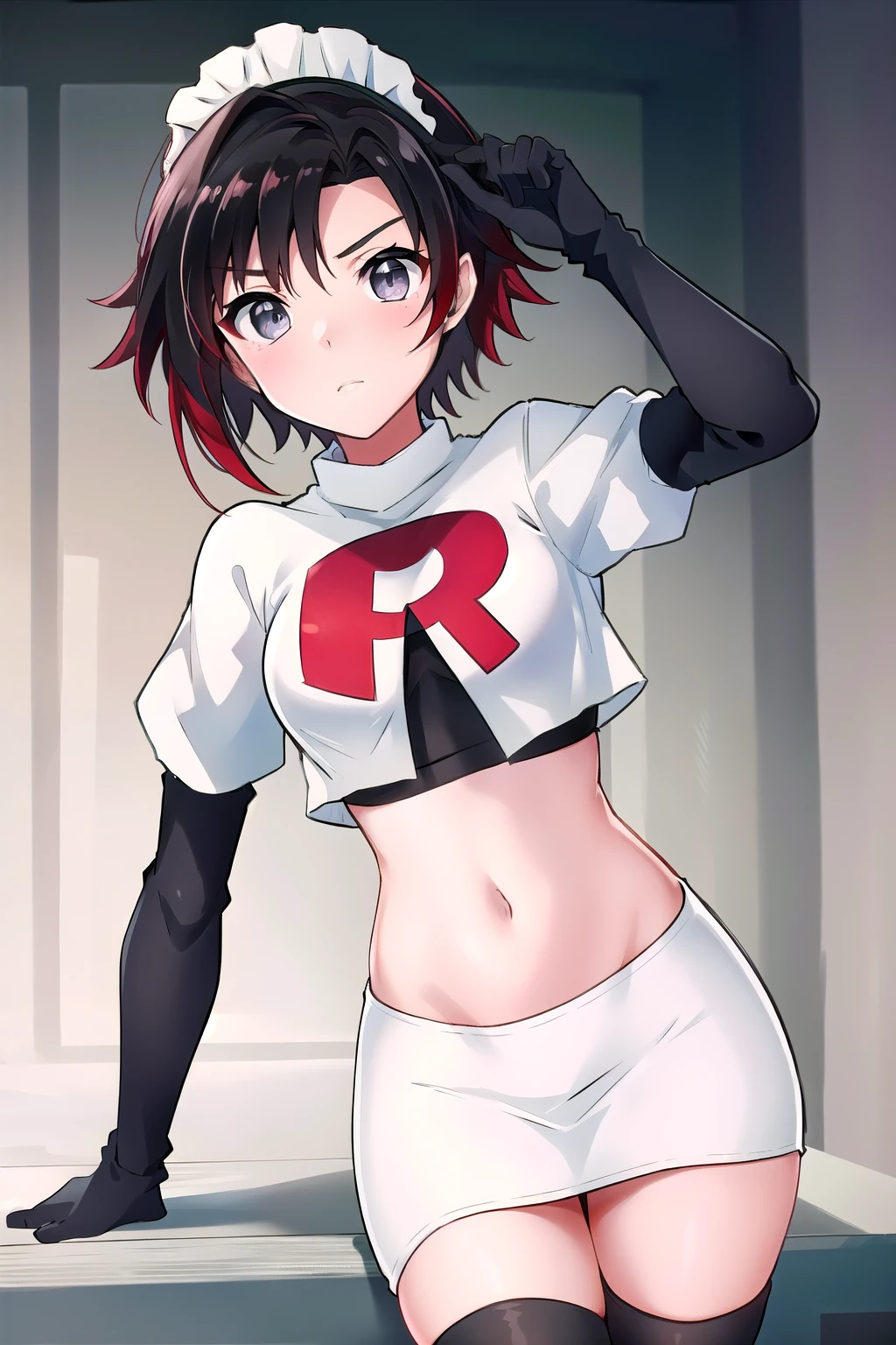 masterpiece, best quality, detailed, HD, ruby rose, 1girl, grey eyes, red hair, multicolored hair, maid headdress, team rocket,team rocket uniform,white skirt,red letter R,crop top,black thigh-highs,black elbow gloves