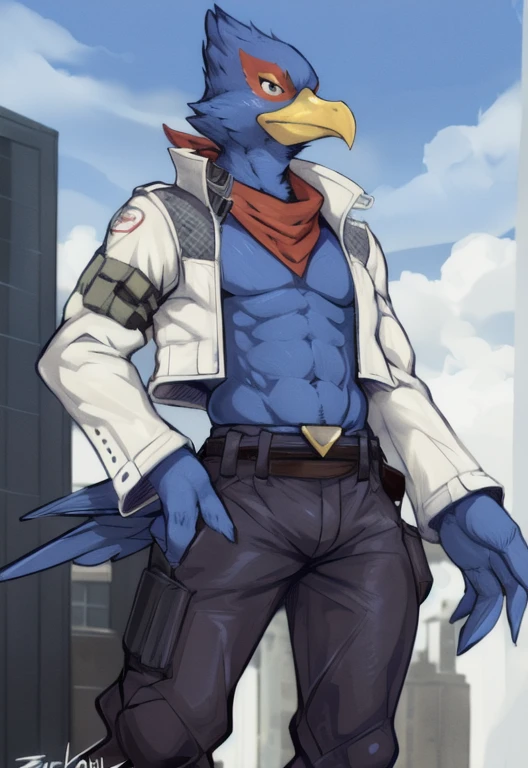 (by zackary911, anime, soft hatching) anthropomorphic, solo, human anatomy, skinny muscles, lean, fit body, naked, nude, abs, biceps, ad\ult, tall, mature, anthro, lean, anime, pecs, (falco (STARFOX), falco, bird, blue feathers, blue body, beak), (black tactical pants, red bandana, belt around waist, opened jacket)