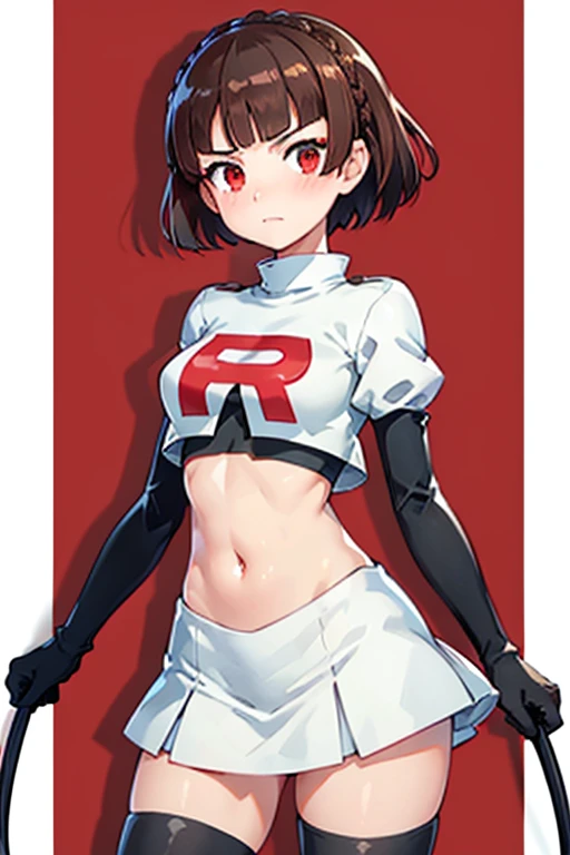 makoto_niijima, (short brown hair, blunt bangs, crownbraid), (red_eyes), wearing a team rocket uniform, (team rocket uniform, red letter R, white skirt,white crop top,black thigh-high boots, black elbow gloves), cute pose, blushing, shy, sad, shame, ashamed expression, thin_hips_and_legs, beautiful, high resolution, beautiful, female, 8k, cowboy shot