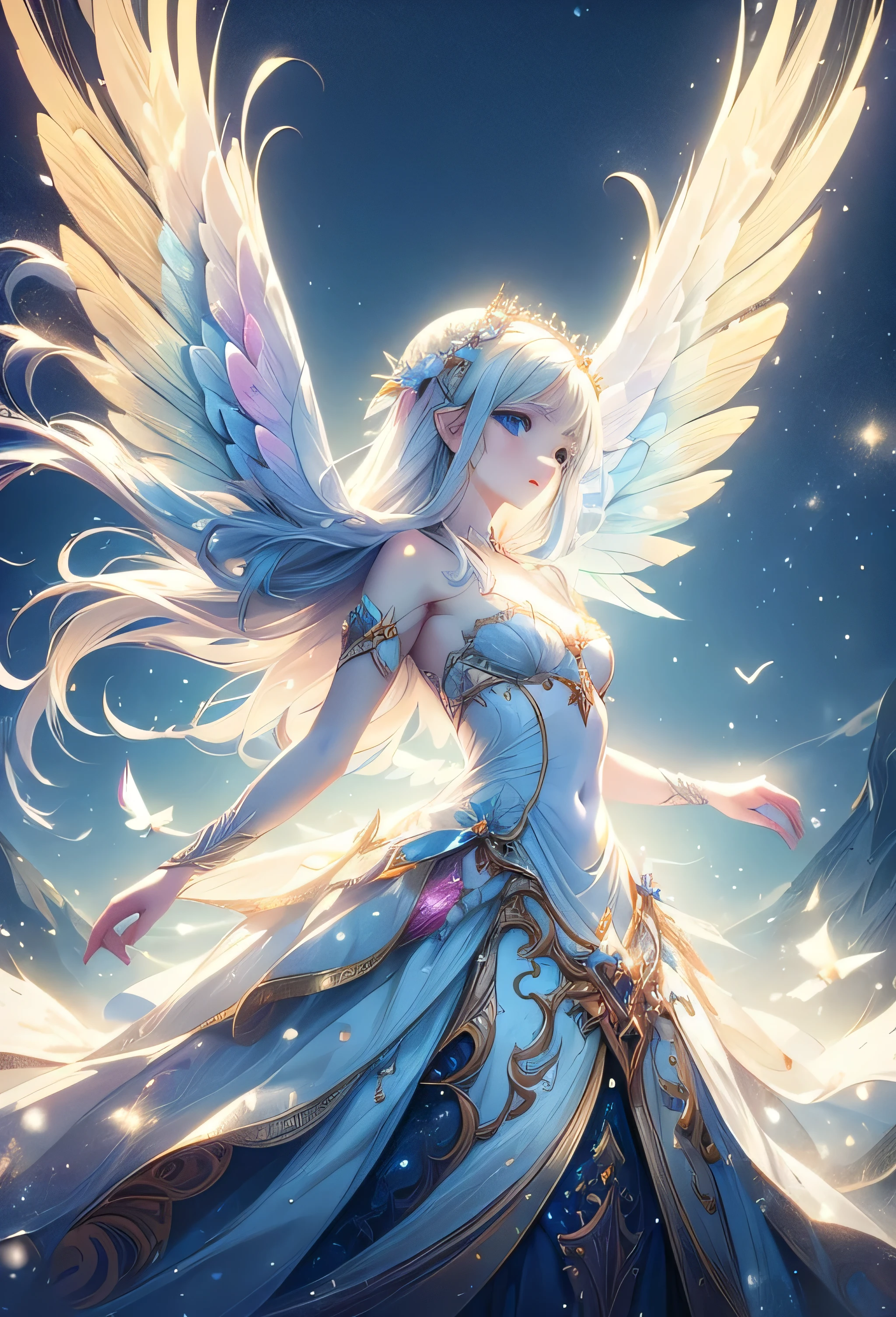 Young fairy princess, pale skin, white as snow, beautiful spread wings, her wings are angelic, made of light, she has a radiant beauty and her eyes are full of light. Themes of light and life are shown. Dramatic pose and dramatic lighting. Dramatic amgle