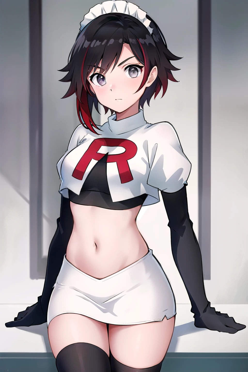 masterpiece, best quality, detailed, HD, ruby rose, 1girl, grey eyes, red hair, multicolored hair, maid headdress, team rocket,team rocket uniform,white skirt,red letter R,crop top,black thigh-highs,black elbow gloves