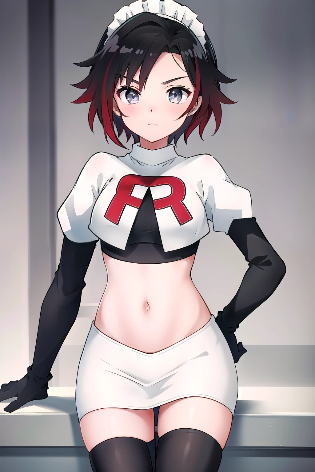 masterpiece, best quality, detailed, HD, ruby rose, 1girl, grey eyes, red hair, multicolored hair, maid headdress, team rocket,team rocket uniform,white skirt,red letter R,crop top,black thigh-highs,black elbow gloves