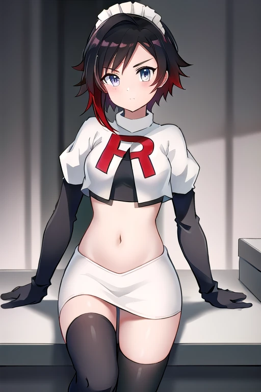 masterpiece, best quality, detailed, HD, ruby rose, 1girl, grey eyes, red hair, multicolored hair, maid headdress, team rocket,team rocket uniform,white skirt,red letter R,crop top,black thigh-highs,black elbow gloves