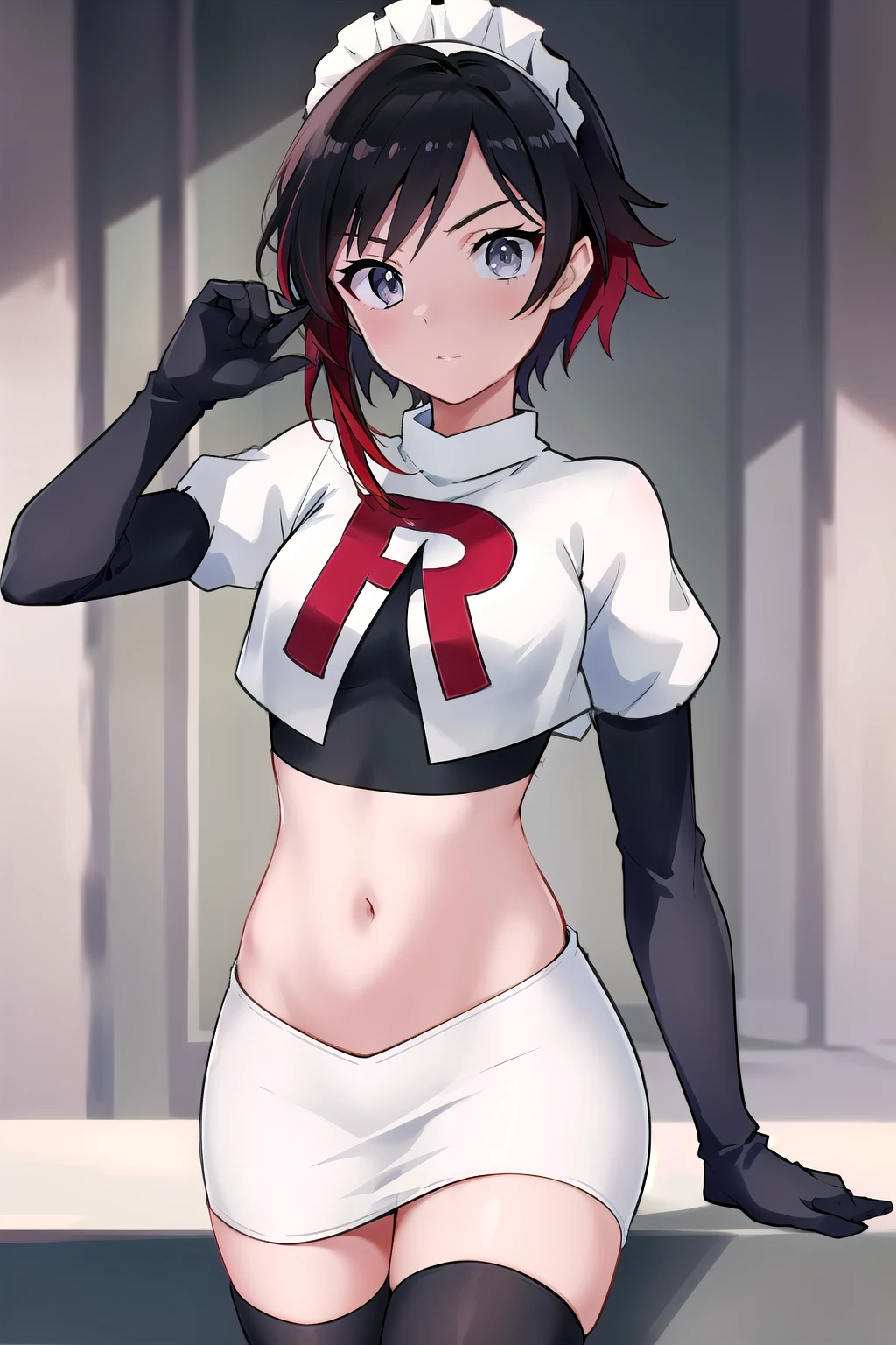 masterpiece, best quality, detailed, HD, ruby rose, 1girl, grey eyes, red hair, multicolored hair, maid headdress, team rocket,team rocket uniform,white skirt,red letter R,crop top,black thigh-highs,black elbow gloves