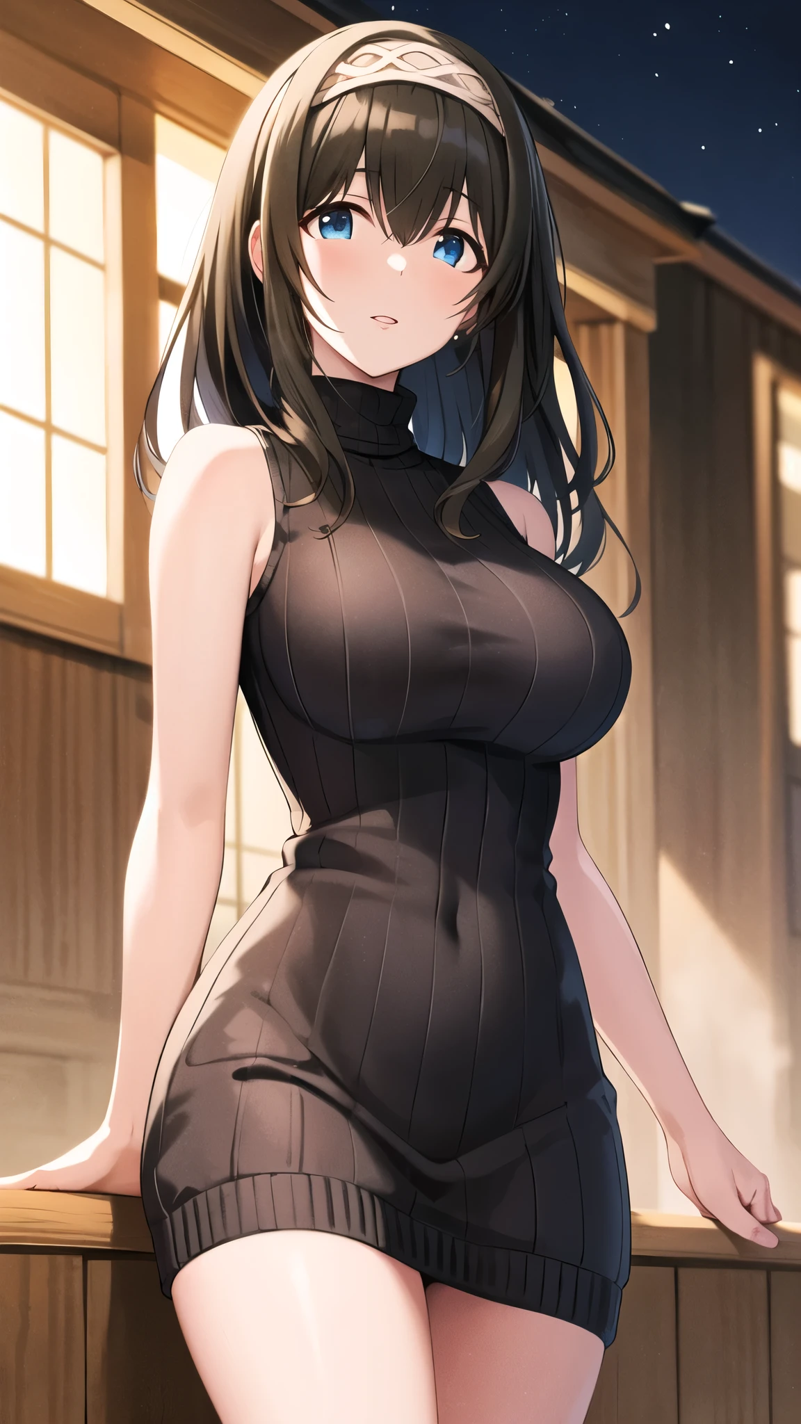 masterpiece, Best Quality, High resolution, aafumika, The Idolmaster, Large Breasts,valley,Long Hair, Hairbands, Sweater dress, Ribbed sweater, turtleneck, Sleeveless, night, Standing, Cowboy Shot,