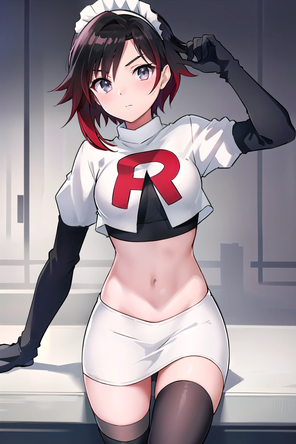 masterpiece, best quality, detailed, HD, ruby rose, 1girl, grey eyes, red hair, multicolored hair, maid headdress, team rocket,team rocket uniform,white skirt,red letter R,crop top,black thigh-highs,black elbow gloves