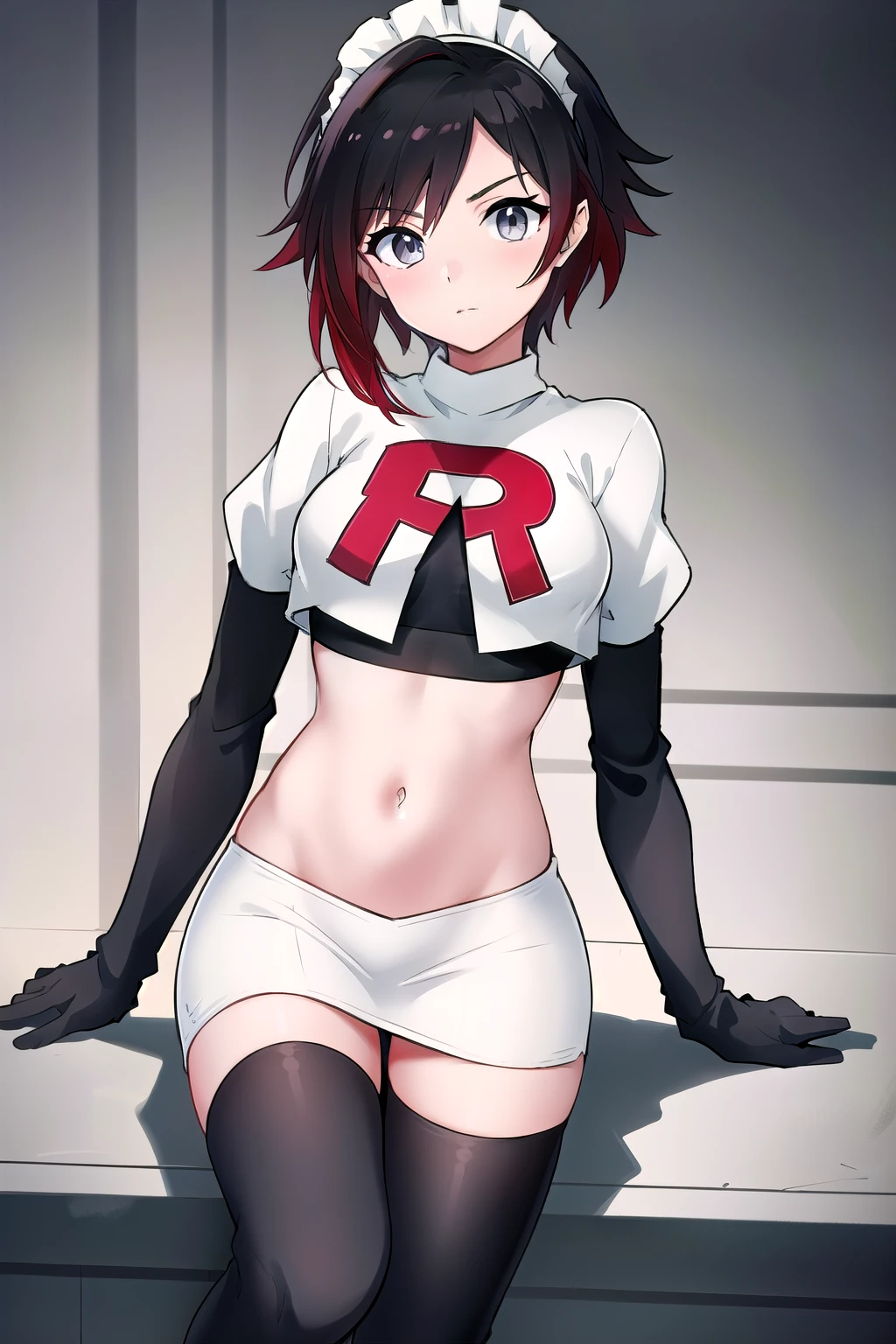 masterpiece, best quality, detailed, HD, ruby rose, 1girl, grey eyes, red hair, multicolored hair, maid headdress, team rocket,team rocket uniform,white skirt,red letter R,crop top,black thigh-highs,black elbow gloves