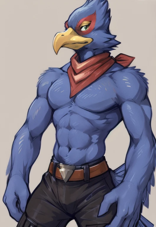 (by zackary911, anime, soft hatching) anthropomorphic, solo, human anatomy, skinny muscles, lean, fit body, naked, nude, abs, biceps, ad\ult, tall, mature, anthro, lean, anime, pecs, (falco (STARFOX), falco, bird, blue feathers, blue body, beak), (black tactical pants, red bandana, belt around waist)