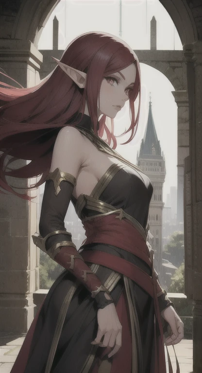 Young and sophisticated elf, long red hair, red eyes, knight, model, castle guardian, castle armor, 