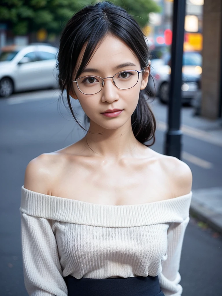 1 person、Close-up of a naked 40-year-old Japanese woman、Facing forward、Photo from chest up、Small breasts、Skinny、Glasses、Hair slicked back in a ponytail、Thin eyebrows、Grumpy、No background。
