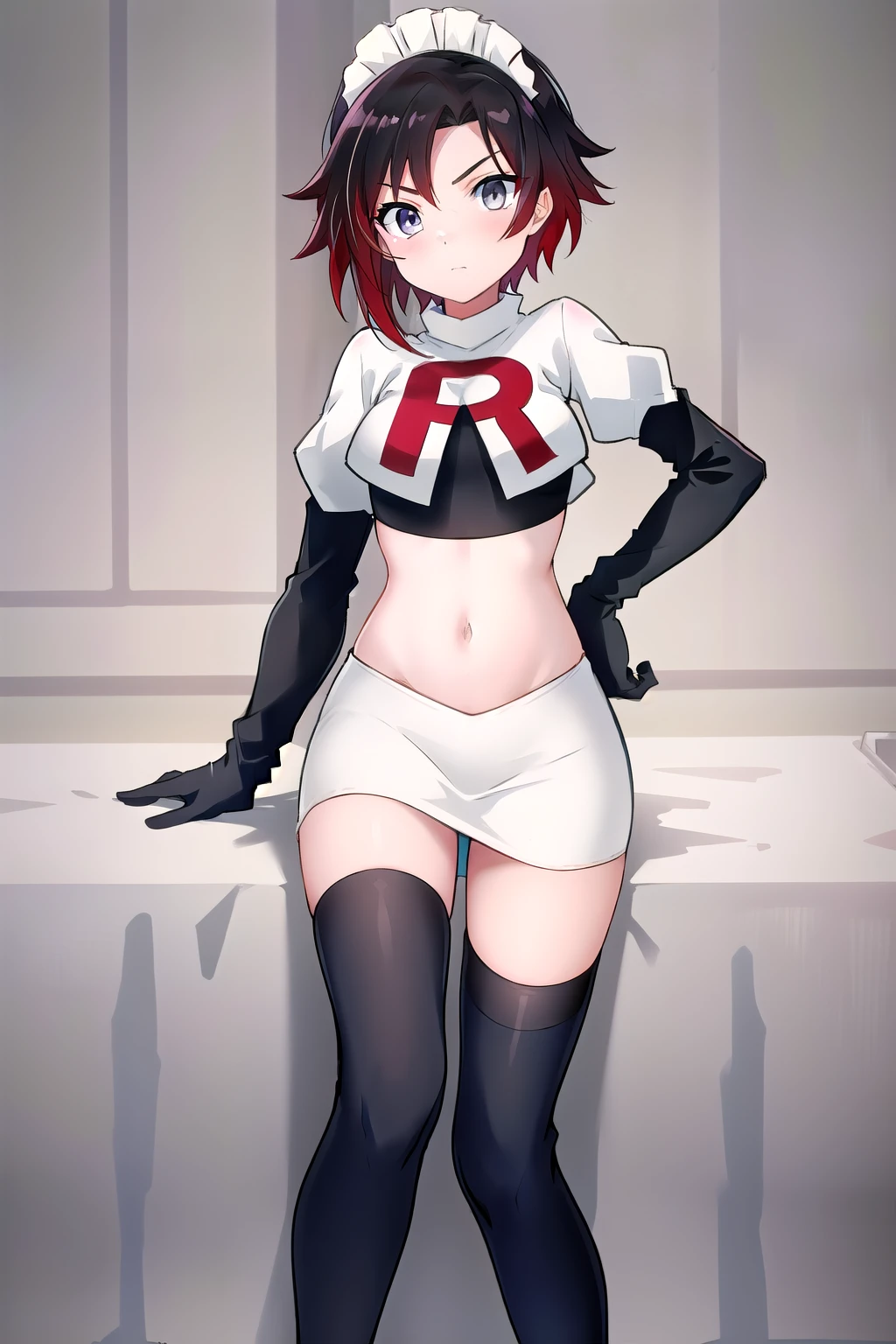 masterpiece, best quality, detailed, HD, ruby rose, 1girl, grey eyes, red hair, multicolored hair, maid headdress, team rocket,team rocket uniform,white skirt,red letter R,crop top,black thigh-highs,black elbow gloves