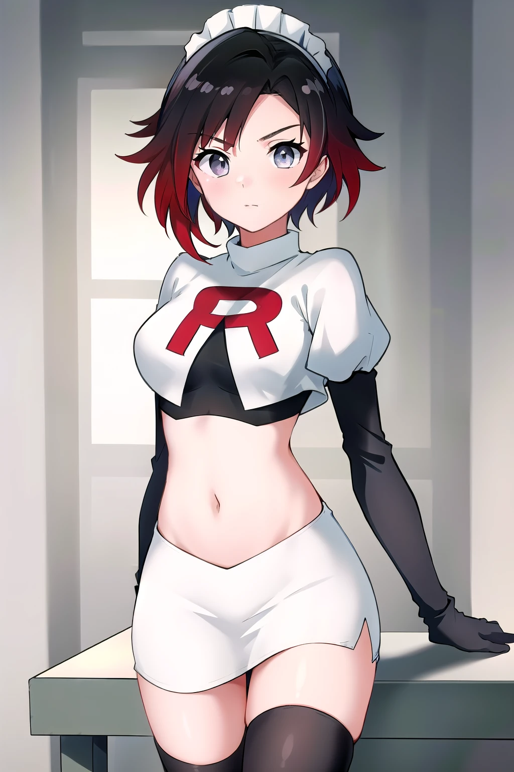 masterpiece, best quality, detailed, HD, ruby rose, 1girl, grey eyes, red hair, multicolored hair, maid headdress, team rocket,team rocket uniform,white skirt,red letter R,crop top,black thigh-highs,black elbow gloves