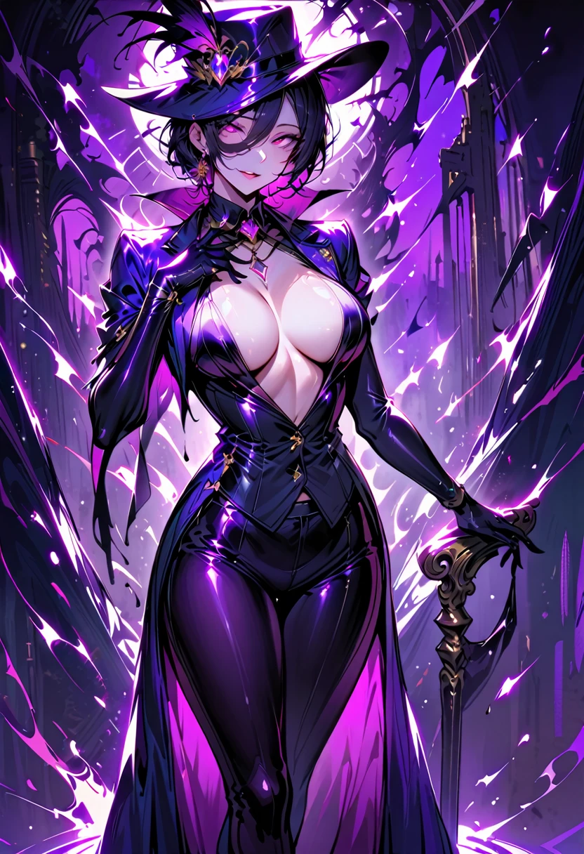 1 mature woman,(Highest quality,Extremely detailed depiction,Incredibly absurd high resolution,Anatomically accurate depiction,Curvy Legs,Shiny skin,Porcelain-like skin,Perfect body),(Succubus disguised as a nun:1.3,Intricately crafted robes,Fishnet tights),eyelash,(Glowing purple eyes,Crazy Eyes,Eyes half closed:1.5,There is cleavage in the chest,Wicked Smile,Glossy Red Lips,Seductive gestures,Open your mouth),whole body,background:Chapel,Pink light