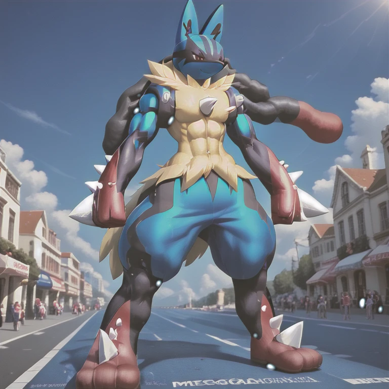 (masterpiece. official art. 8k. best quality. detailed full body. full body.)

(situation 1 : dominating Mega_Lucario. Mega_Lucario is over 1000 meters long. focus GIANT mechanical Muscular Mega_Lucario is trampling the city. Looking down. macro. stomp. Low-angle perspective. emphasizing the immense size.)
(situation 2 : Megacario destroys the city.)
(Additional details 2: Detailed head. Detailed Body. Detailed abs. gigantic muscles. HYPER MUSCLES. Gigachad Muscular. big muscle. pecs. triceps. traps. unusually developed muscular body. body full of huge muscles. showing off muscles. pectorales enormes. Exaggeratedly huge muscles. huge muscles. long legs.).

(Megacario, pokemon)

(blue skin, yellow fur,)
(An arrogant expression. smile at the corner of your mouth.)
No nipples. 