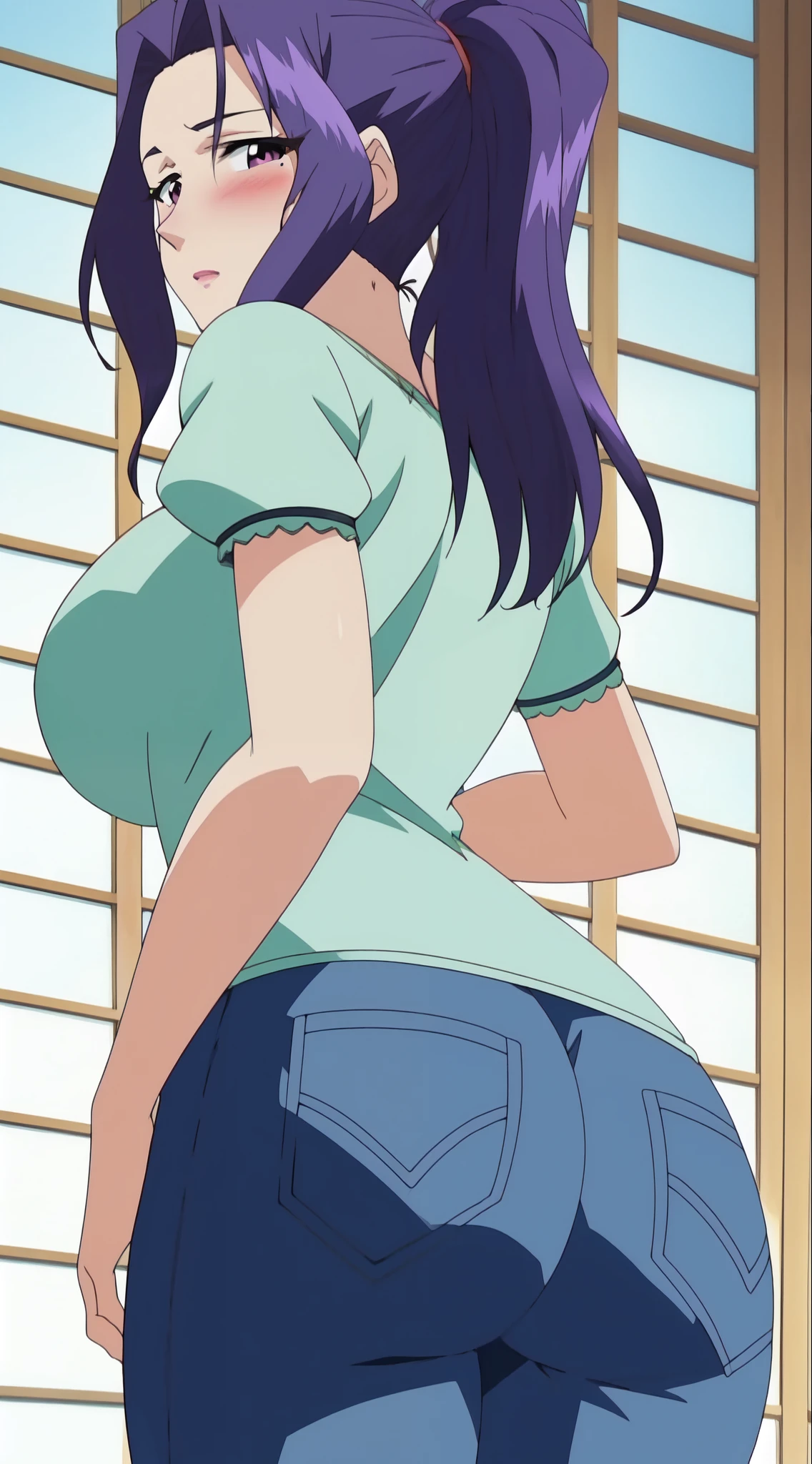 Score 9, Score 8 increase Score 7 increase, The evaluation は questionable,
Detailed Background, Shiny skin,nozomi toujou, green eyes, purple hair, twintails, low twintails, scrunchie, long hair,denim, jeans, pants, sweater, turtleneck, turtleneck sweater, white sweater,,One Woman,Not enough people,whole body,thin,Teary-eyed,Embarrassing,Anime Style,high quality,masterpieceHighly detailed,Huge breasts,Butt, bent over, Legs, standing,Pee,Urinating
