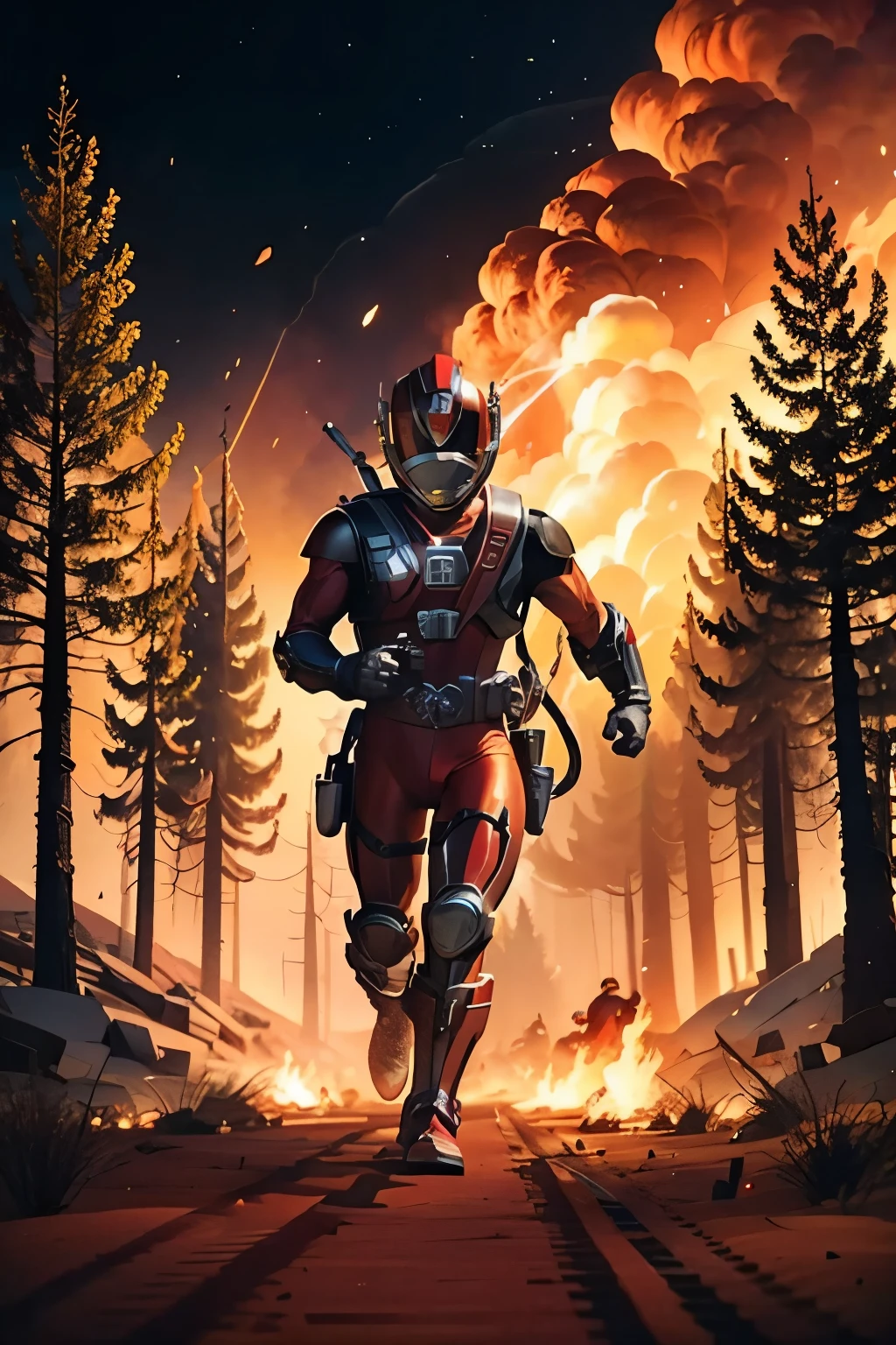 red power ranger fighting a fire, running after an explosion, Trees with fire and smoke everywhere,