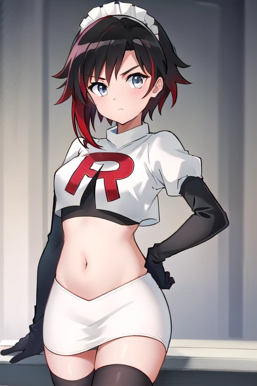 masterpiece, best quality, detailed, HD, ruby rose, 1girl, grey eyes, red hair, multicolored hair, maid headdress, team rocket,team rocket uniform,white skirt,red letter R,crop top,black thigh-highs,black elbow gloves