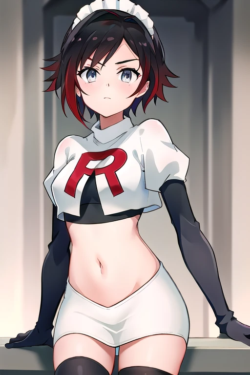 masterpiece, best quality, detailed, HD, ruby rose, 1girl, grey eyes, red hair, multicolored hair, maid headdress, team rocket,team rocket uniform,white skirt,red letter R,crop top,black thigh-highs,black elbow gloves