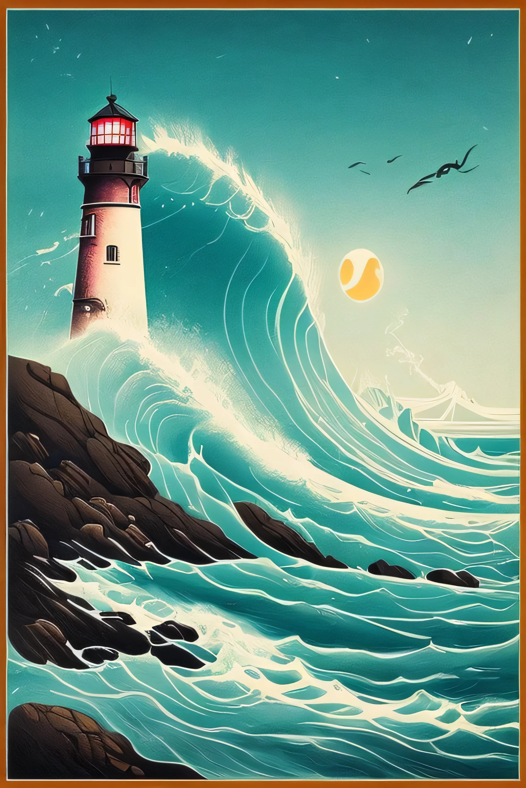 haunted, lighthouse, cliff, stormy sea, huge waves