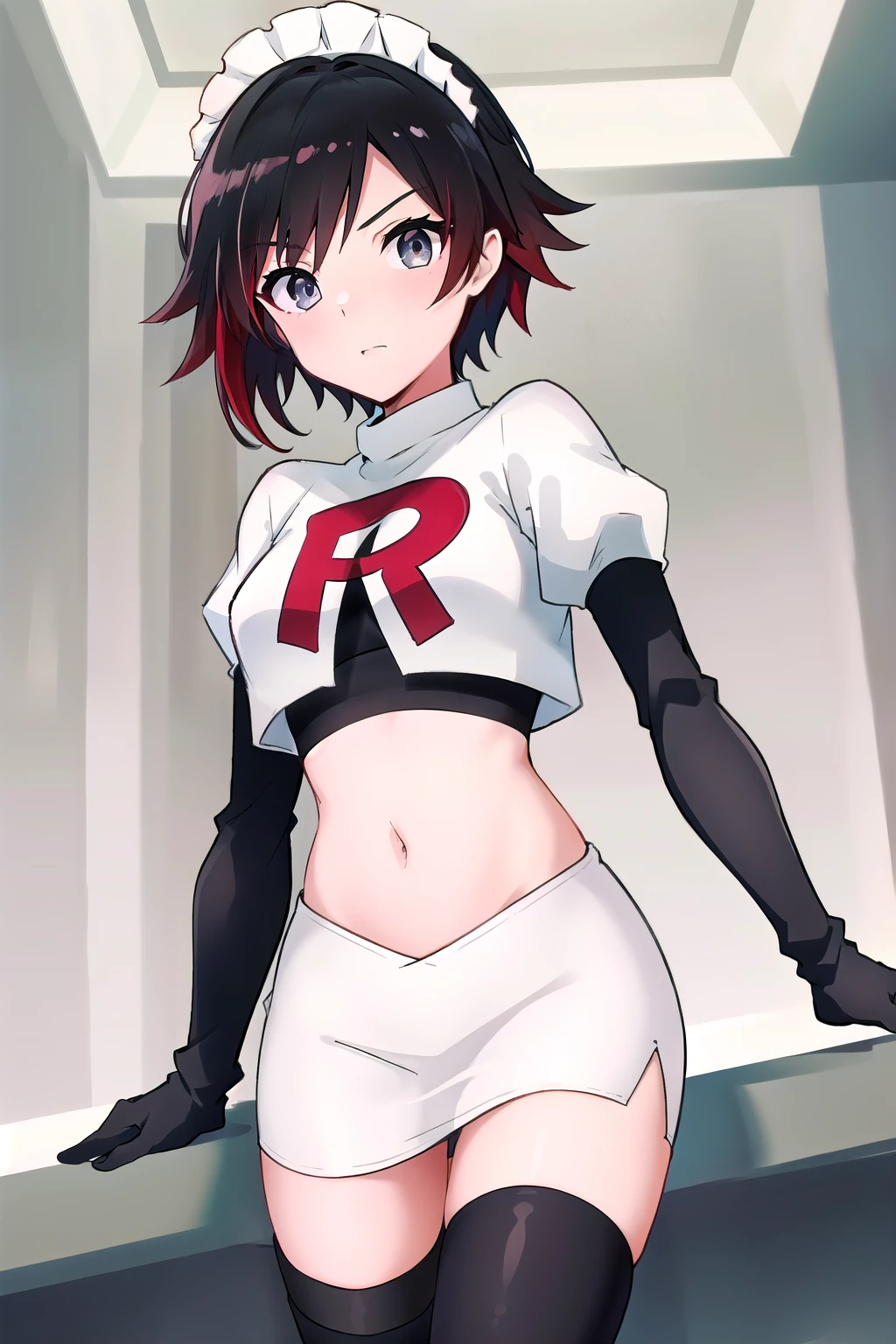 masterpiece, best quality, detailed, HD, ruby rose, 1girl, grey eyes, red hair, multicolored hair, maid headdress, team rocket,team rocket uniform,white skirt,red letter R,crop top,black thigh-highs,black elbow gloves