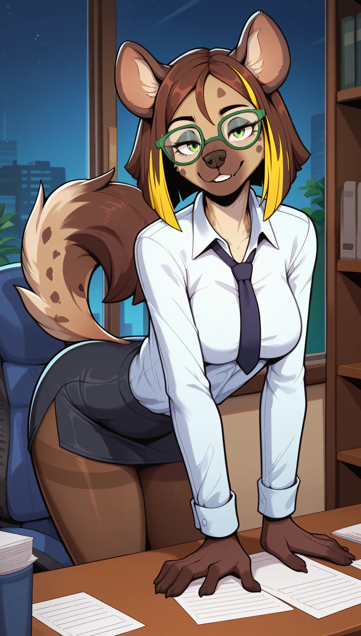 masterpiece, best quality, seductive expression, 1girl, anthro, furry, fur, fluffy fur, hyena girl, furry, hyena ears, animal nose, eyes makeup, green eyes, hyena tail, brown hair (green Highlights) (yellow Highlights), medium hair, straight hair, half-closed eyes, medium breasts, thick thighs, solo, (Office), (night), detailed, (secretariat), (clerk), (black skirt, pantyhose), glasses, bent over, score_9, score_8_up, score_7_up, score_6_up, score_5_up, score_4_up