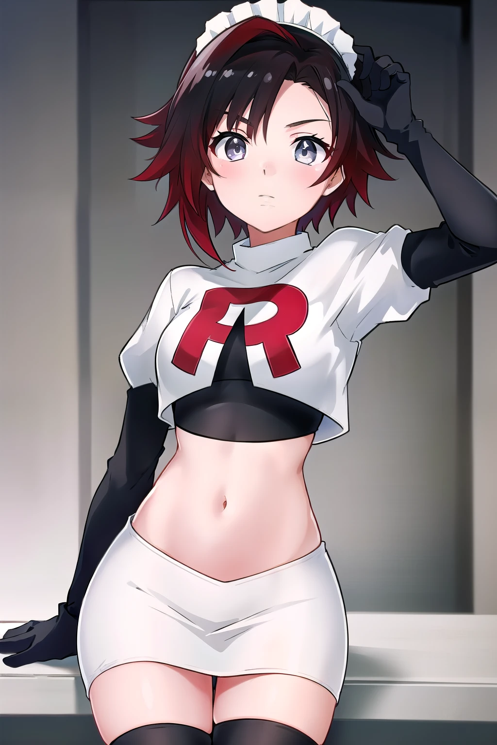 masterpiece, best quality, detailed, HD, ruby rose, 1girl, grey eyes, red hair, multicolored hair, maid headdress, team rocket,team rocket uniform,white skirt,red letter R,crop top,black thigh-highs,black elbow gloves