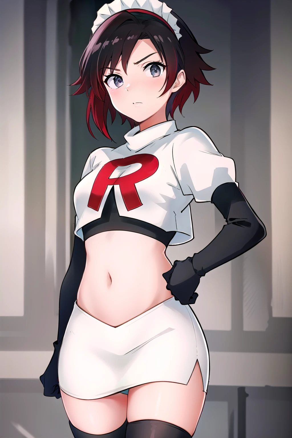 masterpiece, best quality, detailed, HD, ruby rose, 1girl, grey eyes, red hair, multicolored hair, maid headdress, team rocket,team rocket uniform,white skirt,red letter R,crop top,black thigh-highs,black elbow gloves