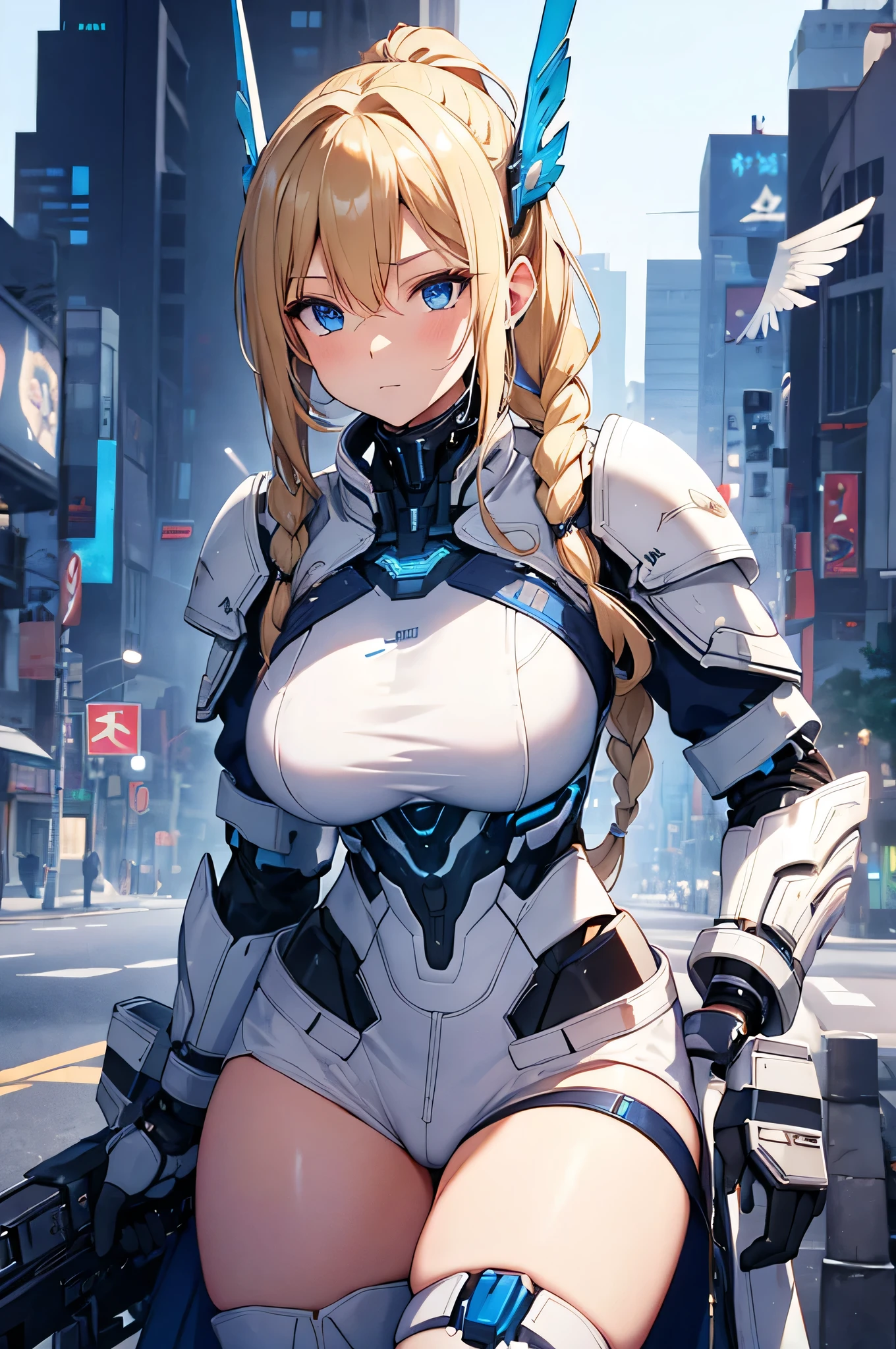 Electronic illustrations of women with mechanized armor and guns in outer space, one girl, breasts, ships, weapons, military vehicles, mecha girls, guns, big breasts, space battleships, science fiction, aircraft, cleavage, weapons hold and look at the viewer,Robot-Girl,GTS, Giantess Female Giant, huge girl in the valley between buildings, skyscraper area, big city, cleavage ,a drawing of a , earrings, long hair, 1980s (style)