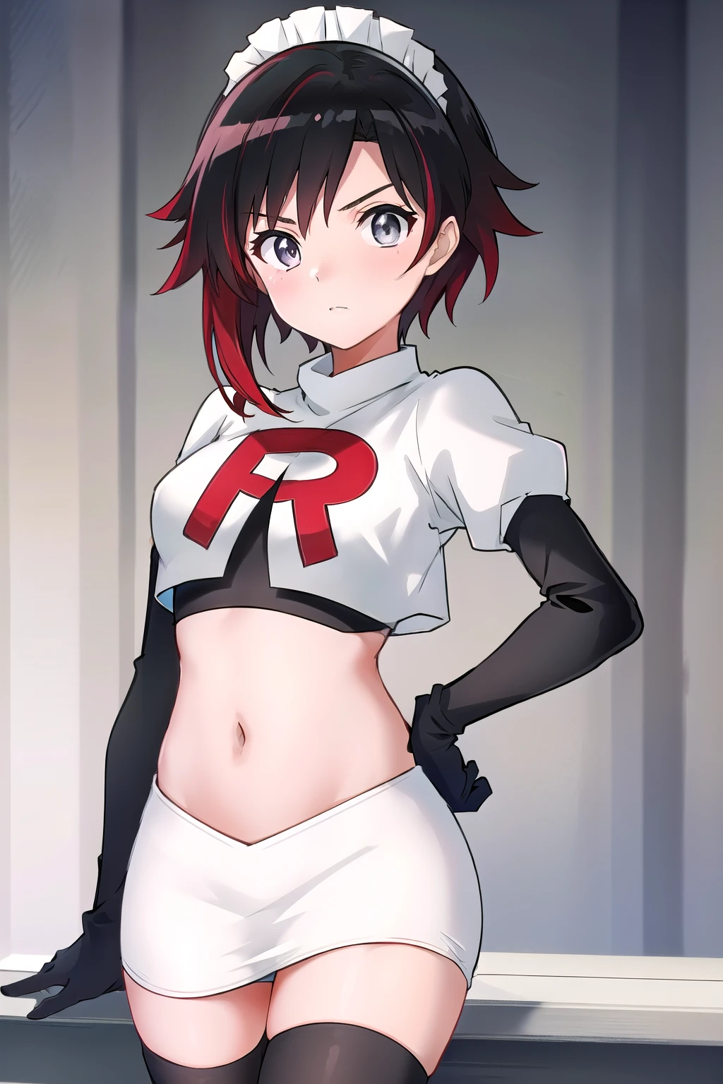 masterpiece, best quality, detailed, HD, ruby rose, 1girl, grey eyes, red hair, multicolored hair, maid headdress, team rocket,team rocket uniform,white skirt,red letter R,crop top,black thigh-highs,black elbow gloves