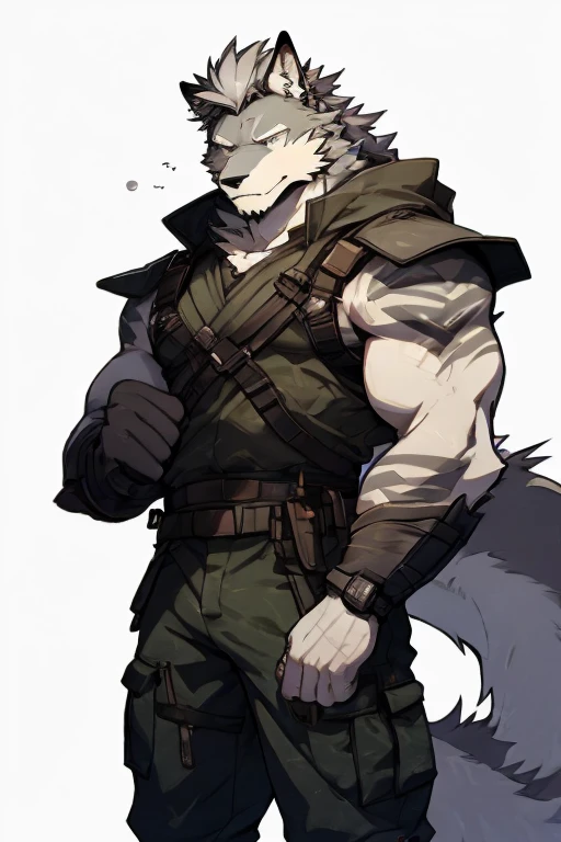 An Upper Body And Right Body Picture of A Very Muscular Furry style Gray Wolf. he is wearing Full Armed Dark Green Soldier military Suit outfit. He is looking at the viewer. The background is only solid white nothing but just white. His hair is spikey and messy. He have A gray hair. He have a little smile with blushes on his face in shyness. He have a very long tail. he have gray eyes. his both hand are gripping together in between his legs. he is standing in the background.