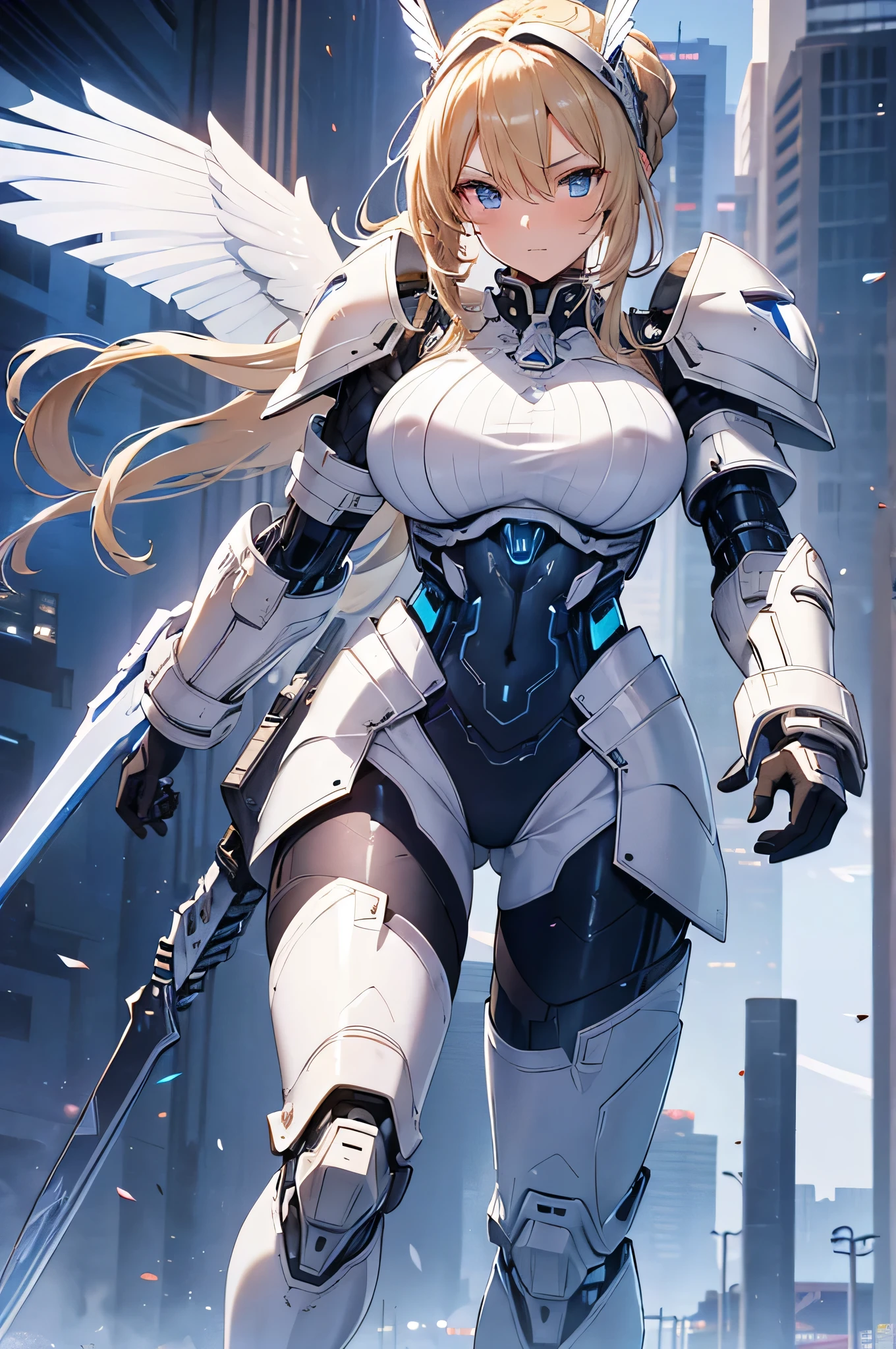 best quality,highly detailed, ultra-detailed, masterpiece, 8k wallpaper, 1girl,blonde hair,braid,green eyes,glowing,happy,long hair,large breasts, ((mecha musume:1.5)), mechanical arms, standing, wings, upper body, stocking,white pantyhose,(from below:1.4),((skirt, )), school swimsuit, shy,looking at viewer, blue sky, sunset, cloud,sunlight,closed mouth,facing viewer,