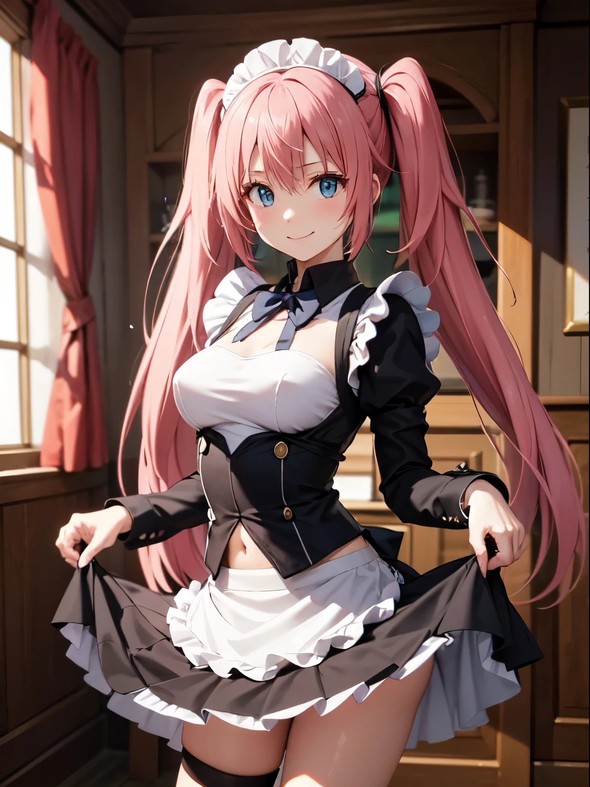 1 female、That Time I Got Reincarnated as a Slime（（Milim Nava））、(Skirt lift up:1.5)、Milim Navaハイクオリティ、Closed Mouth、smile、Maid Cafe、Accurate Milim、Behold the Evil、Pink Hair、Pink Hair、 Long Hair、Twin tails、8K images、（victorian maid outfit:1.5)、Proper attire、Best Images、Cowboy Shot,[[ Attractive eyes、Precision at your fingertips、Fine grain、Radial Eyes、Colorful eyes:1.25]]、whole、Front facing、solo、Best Photos、Soft Light、吸い込まれそうなAttractive eyes