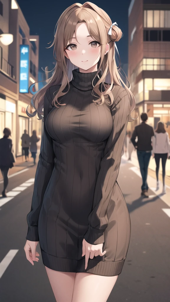 masterpiece, best quality, highres, hmhinana, long hair, single side bun, hair ribbon, cowboy shot, walking, street, turtleneck, virgin killer sweater, ribbed sweater, long sleeves,