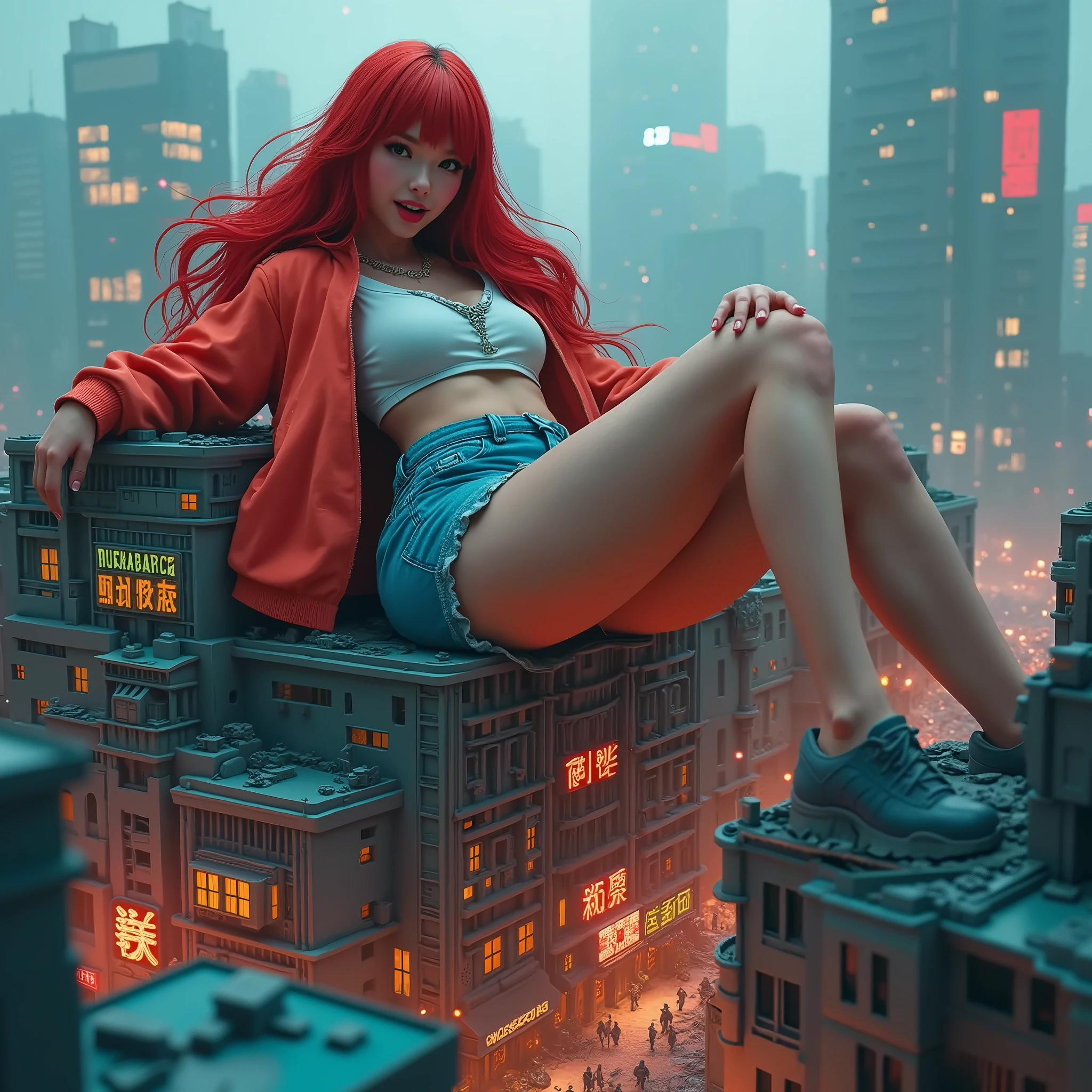 ((NSFW:-0.95)), (((nipple:-0.9))), ((Acutance:0.85)), (from below) . A (KAWAII girl:1.2) is quarter squatting in the city, with white lingerie and Red highheels. The background is the downtown area at (Twilight:1.4), (((Red-dyed clouds above hed:1.2))), { Skyscrapers Shining in the setting sun | (many colorful Lights:1.2) | (lens flare) | Burning | heyz | luminous Particles | Mystic sight } . (Masterpiece:1.2) of professional Analog photo with Hasselblad open aperture, (((realistic and photorealistic with touch of rawness:1.37))), physically-based 3D rendering with ultra-detailed. { This character has Overflowing Gigantic Cleavage and (visible sideboob and underboob:1.2) | Oiled ivory skin | Detailed open crotch | A Number of girls watching her } .