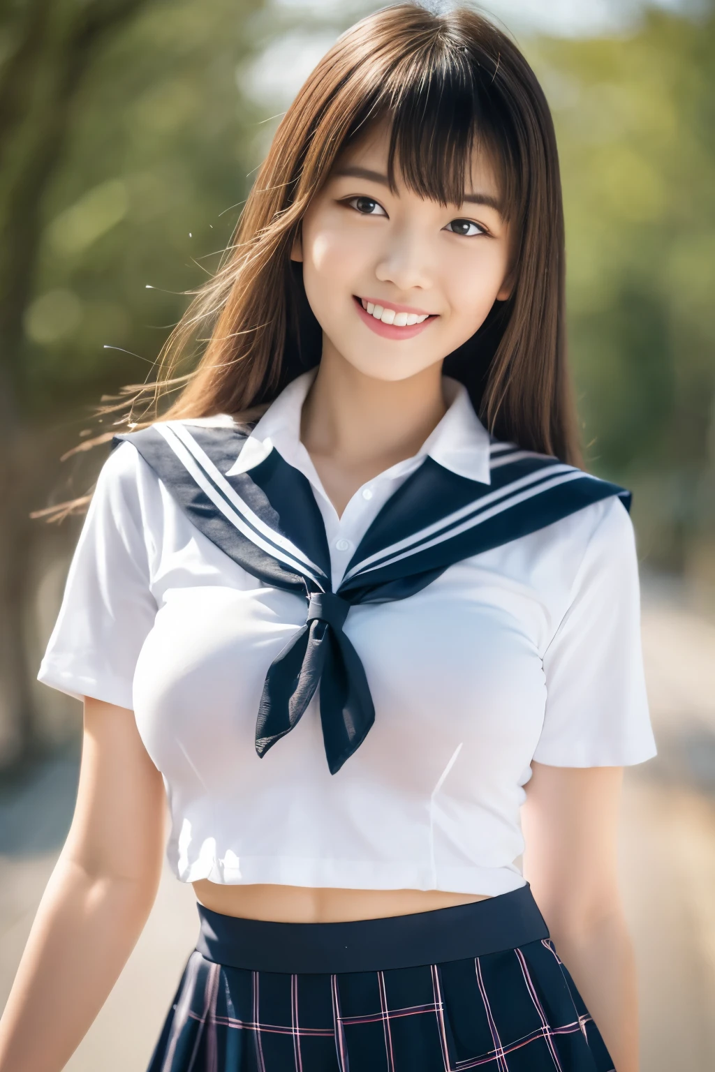 8K raw photo, Best quality, masterpiece, ultra high res, 3d, realistic, 1girl, asian, black_hair, bangs, black_sailor_collar, long_hair, nose, school_uniform, neckerchief, natural skin texture, light brown_eye, detailed eyes and face, lips, lipstick, smile, teeth, beautiful legs, enormous breasts, beautiful nature location, (detailed background), plaid skirt, white shirt, enormous breast, blurry background, short sleeves