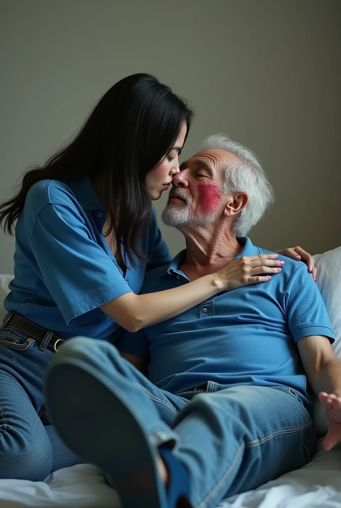 The movie star scarlett johansson dressed as a sexy nurse, kissing an ugly 99-year-old Peruvian man.  On bed