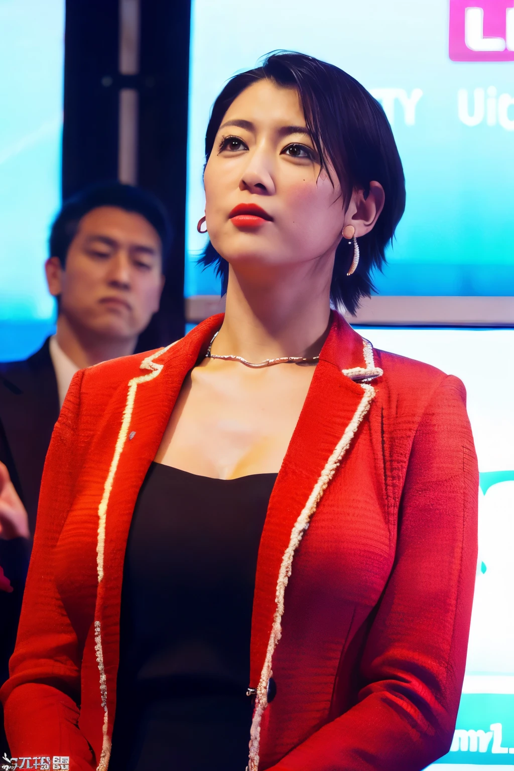 highres, realistic, Japanese woman, politician,  (sagging breasts:1.0), (big breasts:1.3),(cleavage:1.0), healthy body,  japan's most beautiful woman, earrings, real skin, mole under eye, red jacket, black suit, working at government, arm freckles, city street, armpits, waving, audience, Politicians are giving speeches