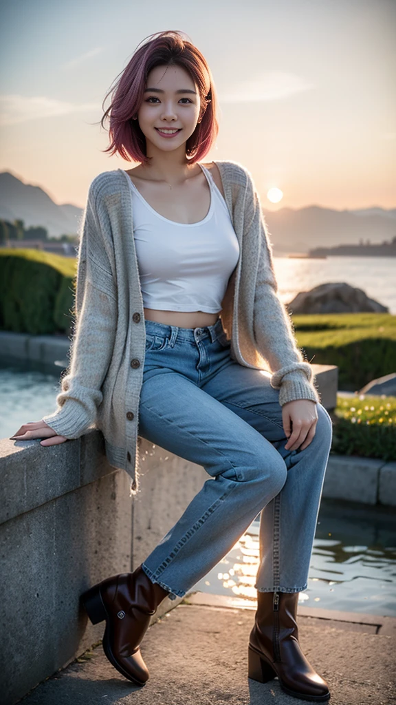 masterpiece, Ultra-high resolution, 4K, Best Quality, 1 person, ((whole body)), Beautiful and exquisite face, Beautiful, smooth skin, Skin Texture, 1, Baby Face, smile, Mountain,sea, Sunset,boots, Denim pants, Blue cardigan, Pink mesh hair, 