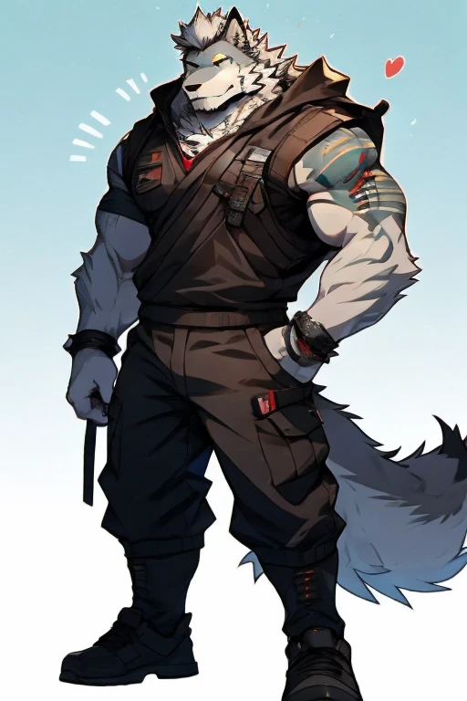 An Upper Toso Body And Right Body Picture of A Very Muscular Furry style Gray Wolf. he is wearing Full Armed Dark Green Soldier military Suit outfit. He is looking at the viewer. The background is only solid white nothing but just white. His hair is spikey and messy. He have A gray hair. He have a little smile with blushes on his face in shyness. He have a very long tail. he have gray eyes. his both hand are gripping together in between his legs. he is standing in the background.